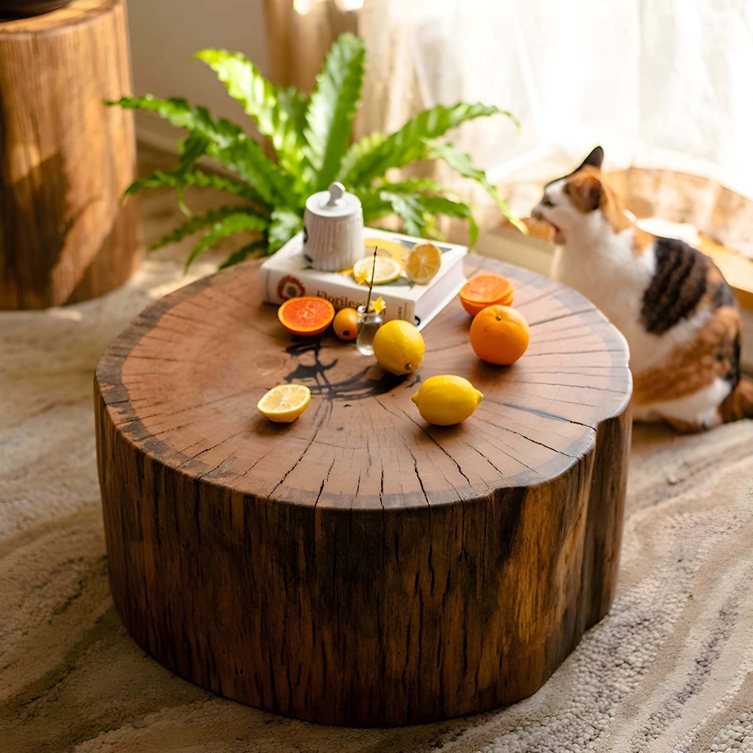 Round Wood Mid-Century Modern Coffee Table with Drum Base and Distressed Finish thumbnail 3
