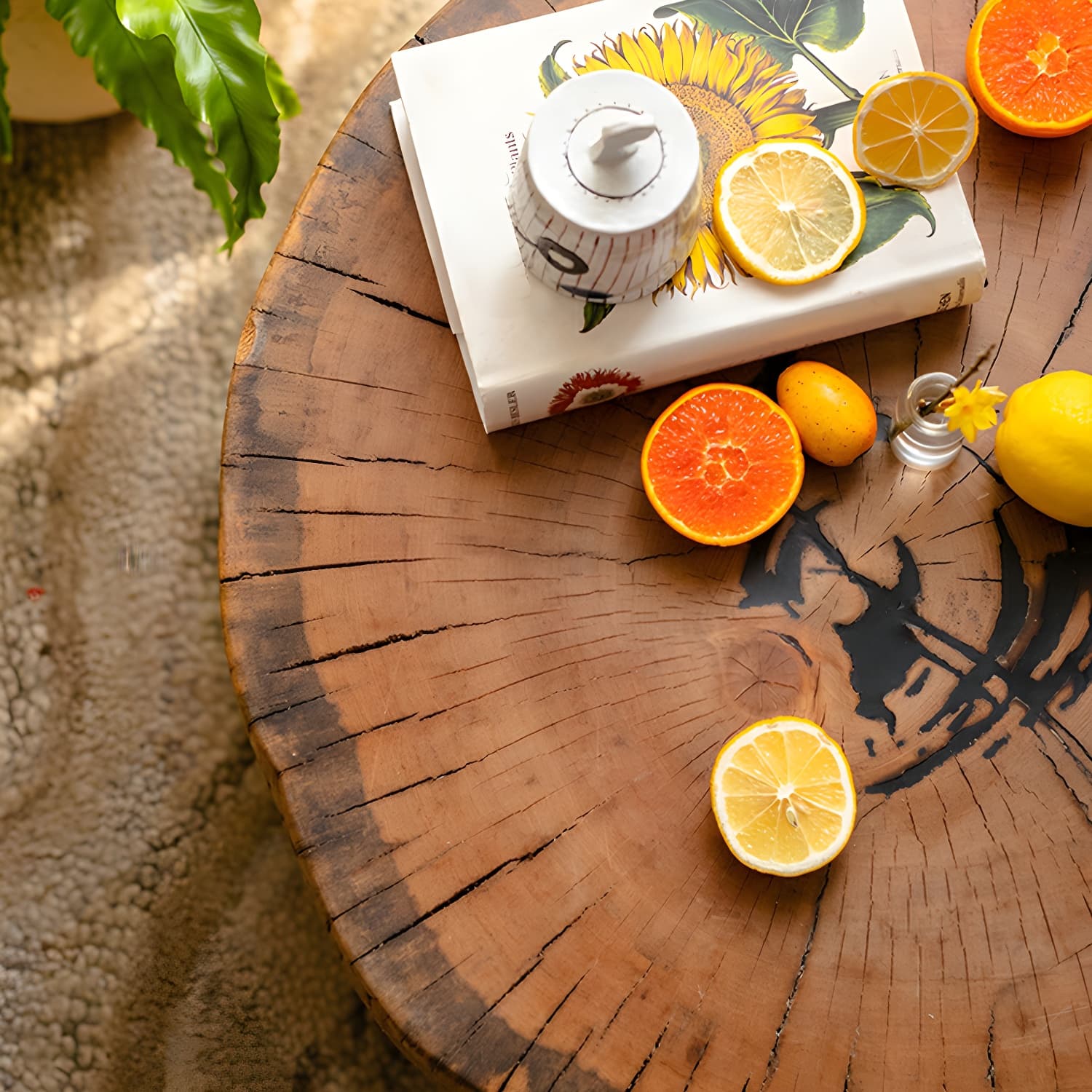Round Wood Mid-Century Modern Coffee Table with Drum Base and Distressed Finish thumbnail 11