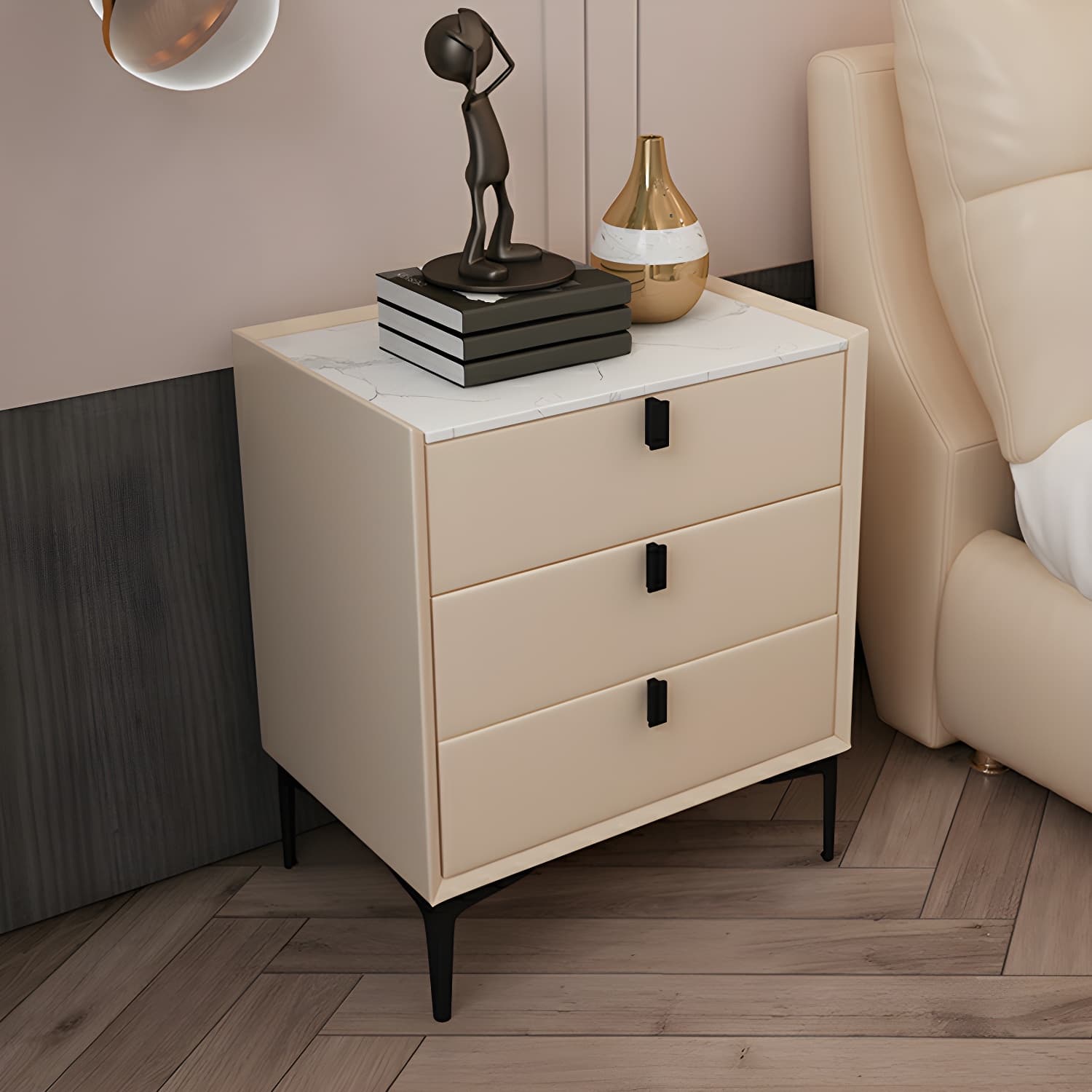 Glam Style Sintered Stone Top 3 Drawers Nightstand for Bedroom thumbnail 1