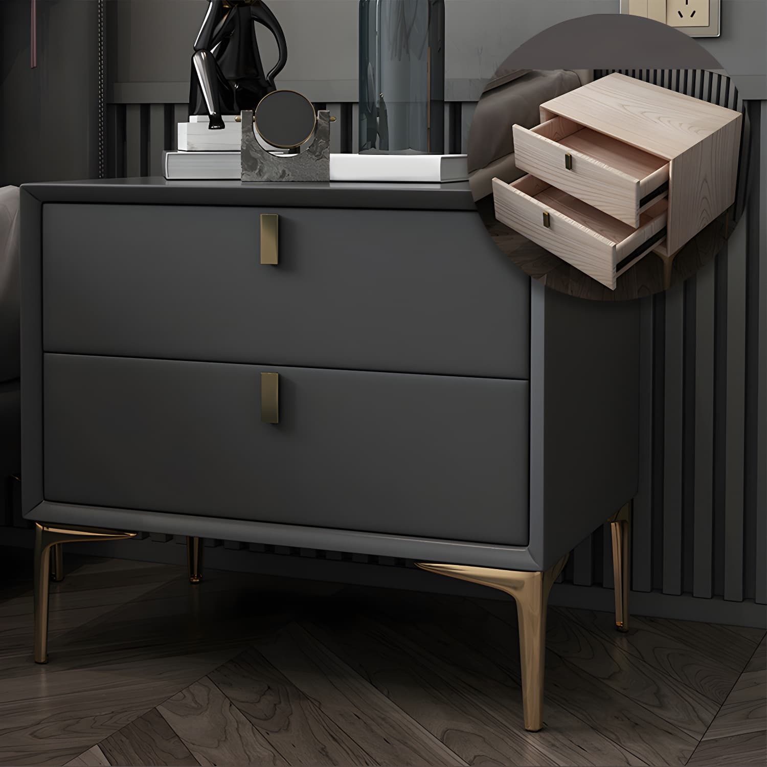 2 Drawer Solid Wood Modern Night Table Drawer Storage Bed Nightstand thumbnail 5