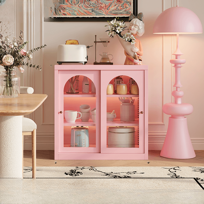 Simple Narrow Iron Countertop Sideboard with Cupboard, Glass Doors, and Changeable Shelf thumbnail 4