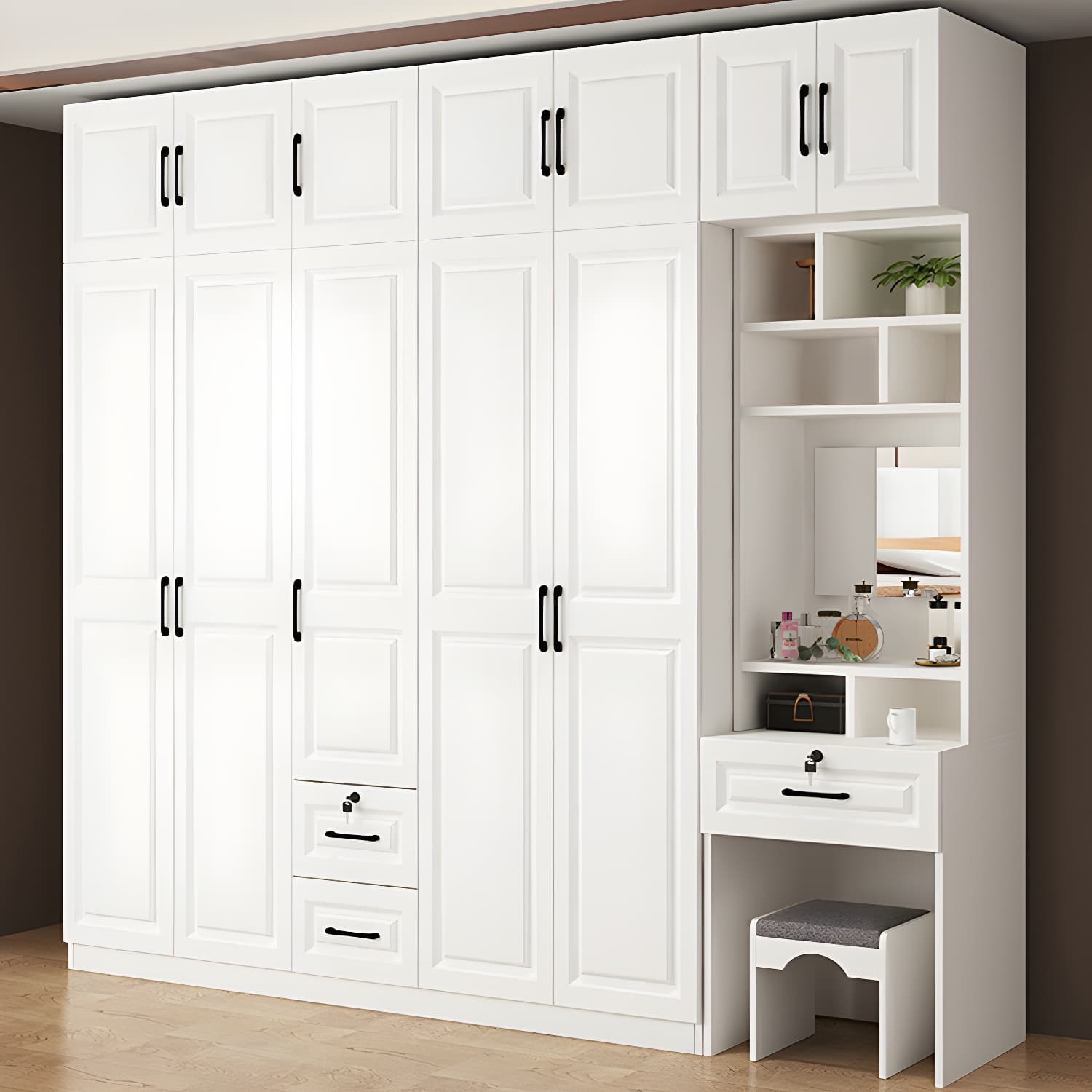 Wood White Modern Wardrobe Armoire with Drawers, Shelves, and Clothing Rod thumbnail 4