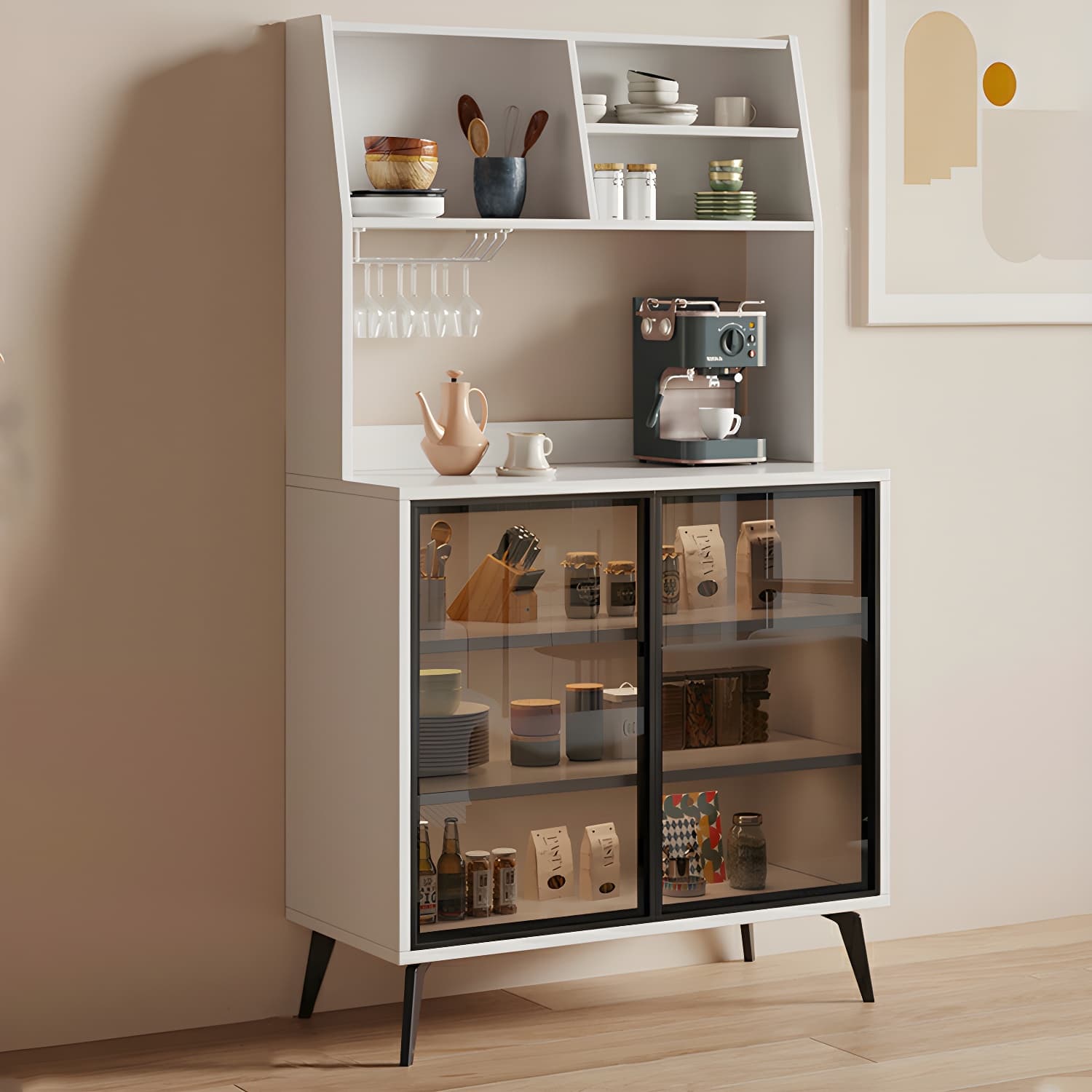 Glass Door Modern Wooden Kitchen Sideboard with Adjustable Shelving