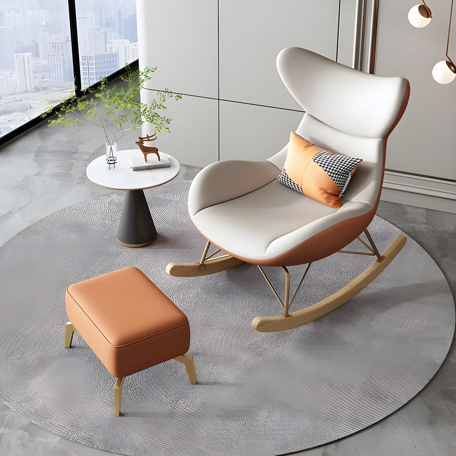 Modern Non-Scratch Armless Indoor Solid Wood Faux Leather Rocking Chair thumbnail 15
