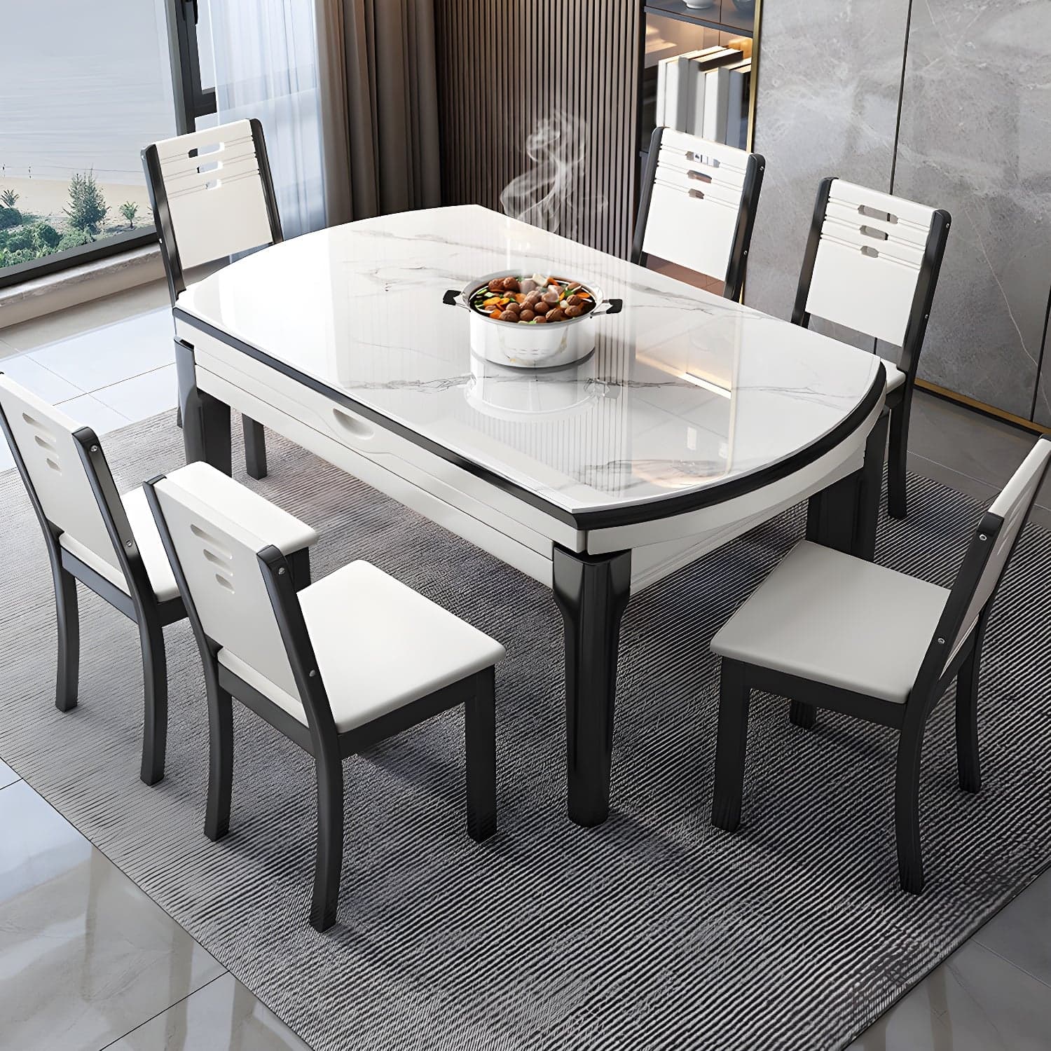 Modern Style Stone Furniture 7 Pcs Round Shape Dinette Table with Dining Chairs thumbnail 3