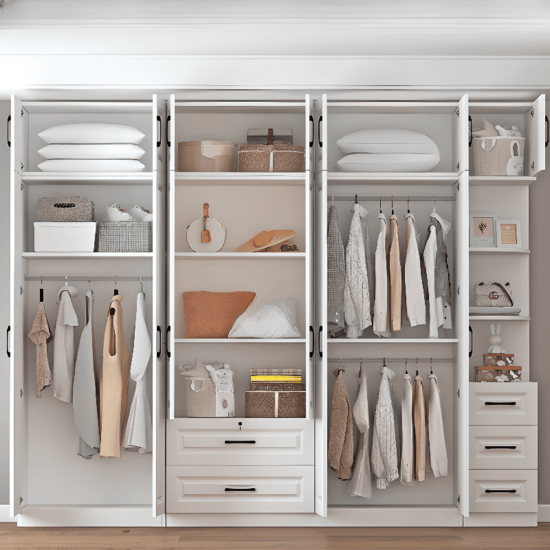 Sleek White Nordic Wooden Detached Almirah with Soft Close Drawers, Doors, and Clothing Rod thumbnail 3