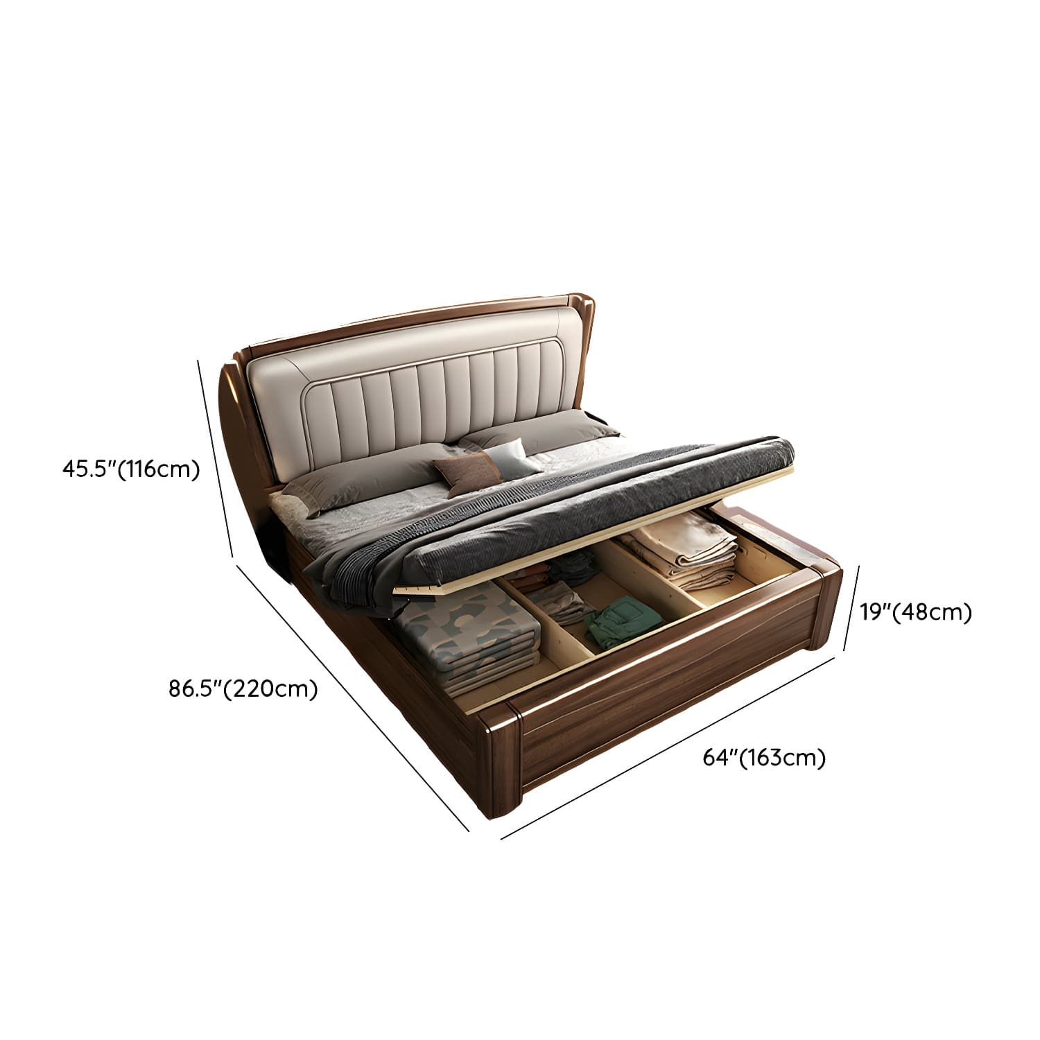 Traditional Walnut Wood Brown Bed with Rectangular Upholstered Headboard for Bedroom thumbnail 12