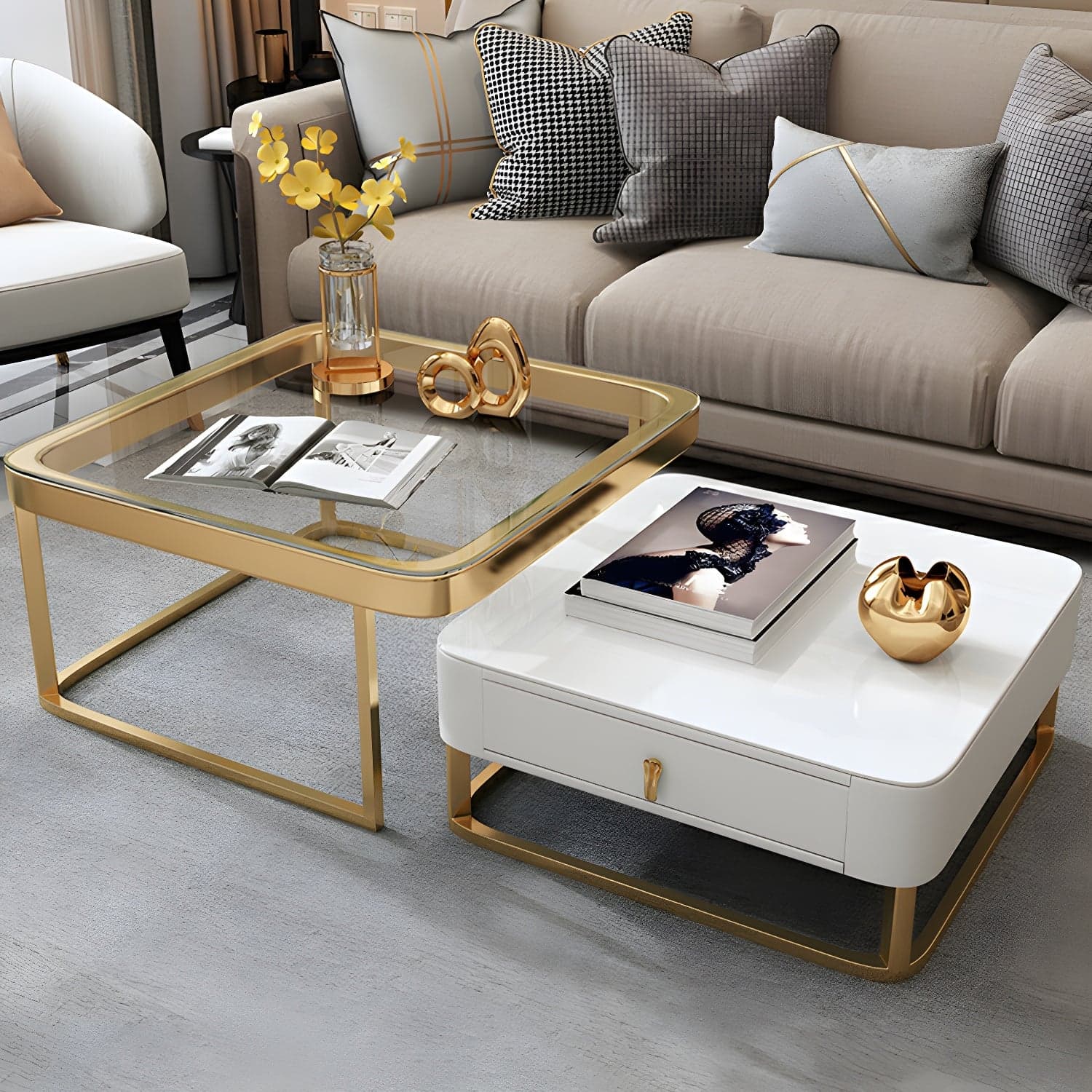 Glam Style Square Coffee Table with Drawer in Metal Frame Base thumbnail 4