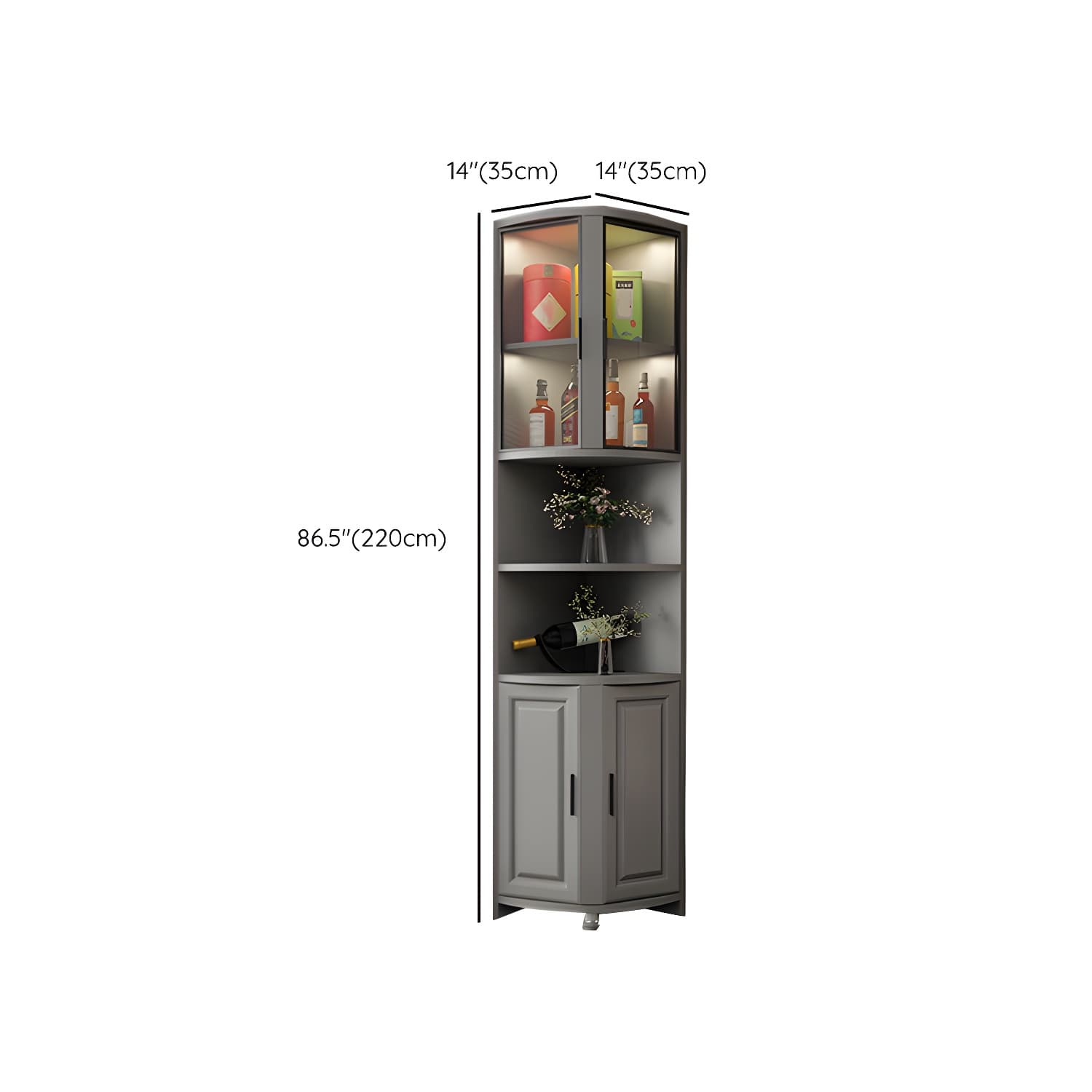 Modern Grey Corner Accent Cabinet with Glass Doors and 8 Interior Shelves thumbnail 24