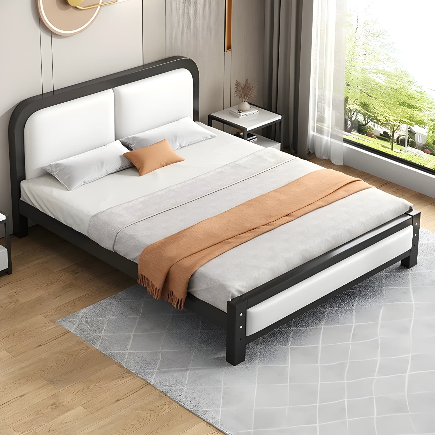 Modern Metal Panel Bed in White/Midnight Black with Easy Assembly thumbnail 6