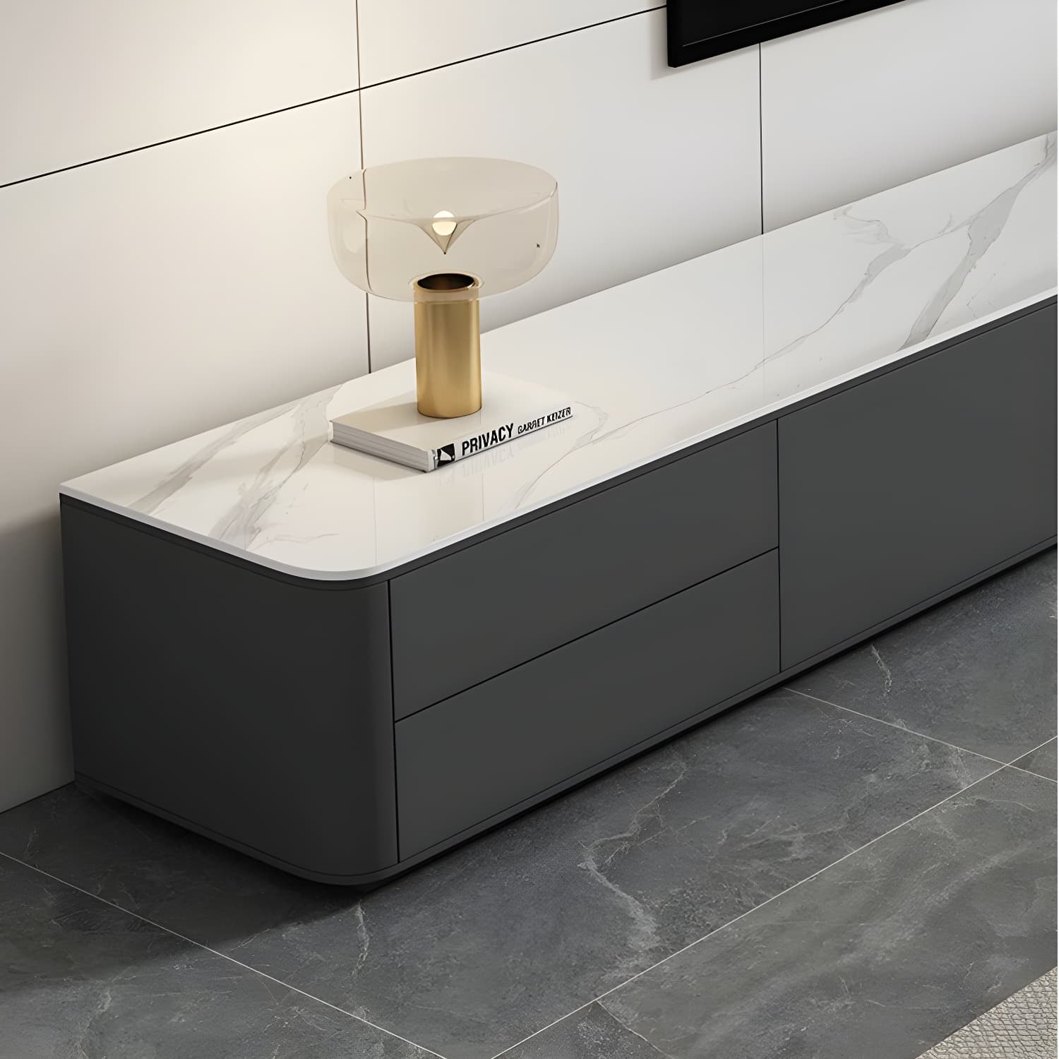 Grey Stone TV Stand with Drawers and Cabinet and No Cable Management for Modern-Style Long TVs thumbnail 7