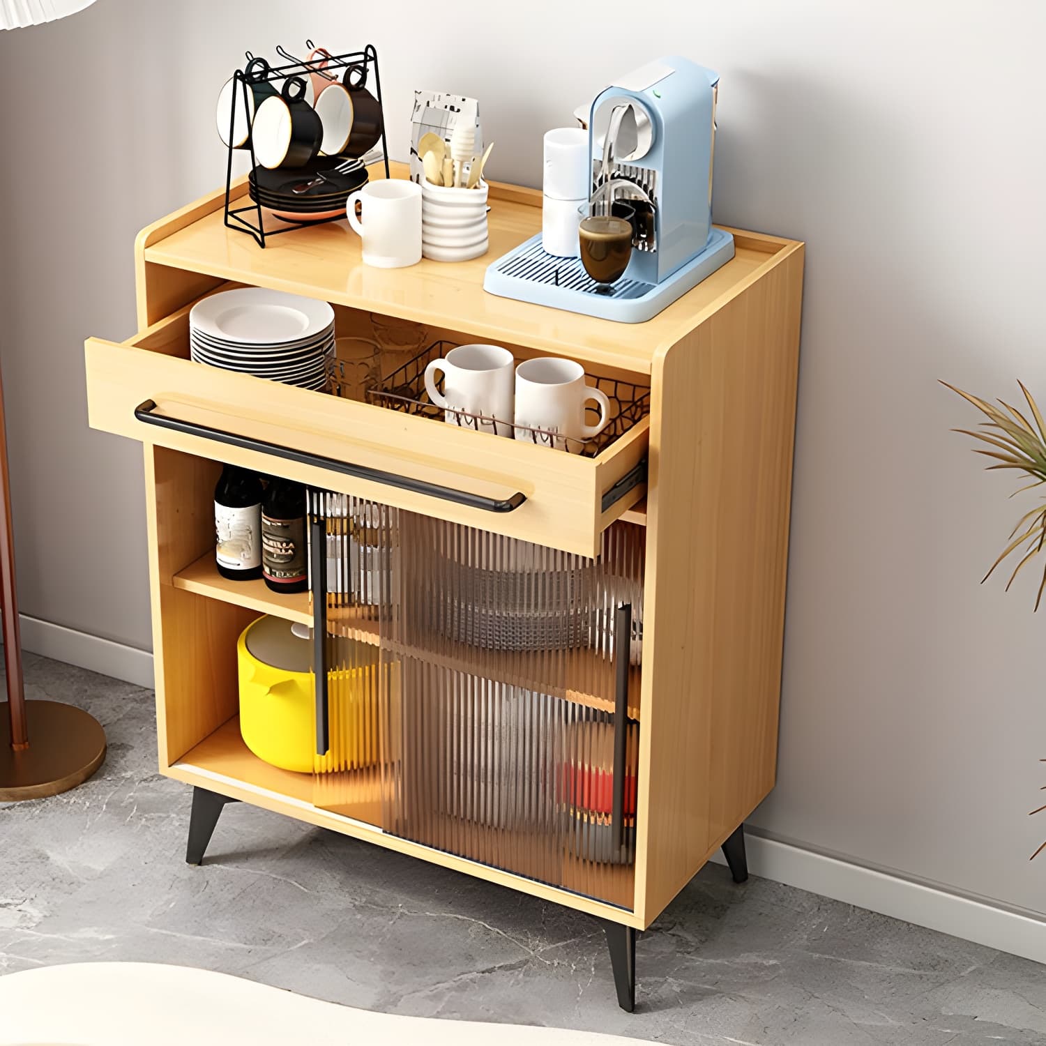 Scandinavian Wood Sideboard Credenza with Acrylic Doors and Drawers - image 10