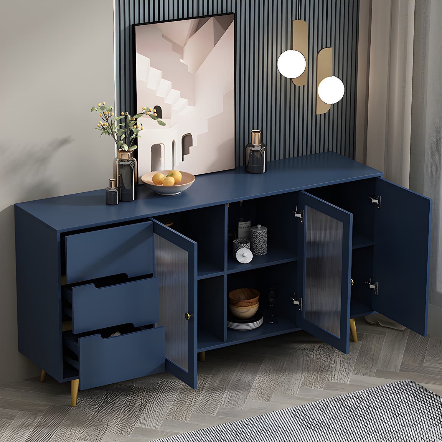 3-Drawer Engineered Wood Sideboard Modern Glass Doors Cabinets Credenza for Living Room thumbnail 8