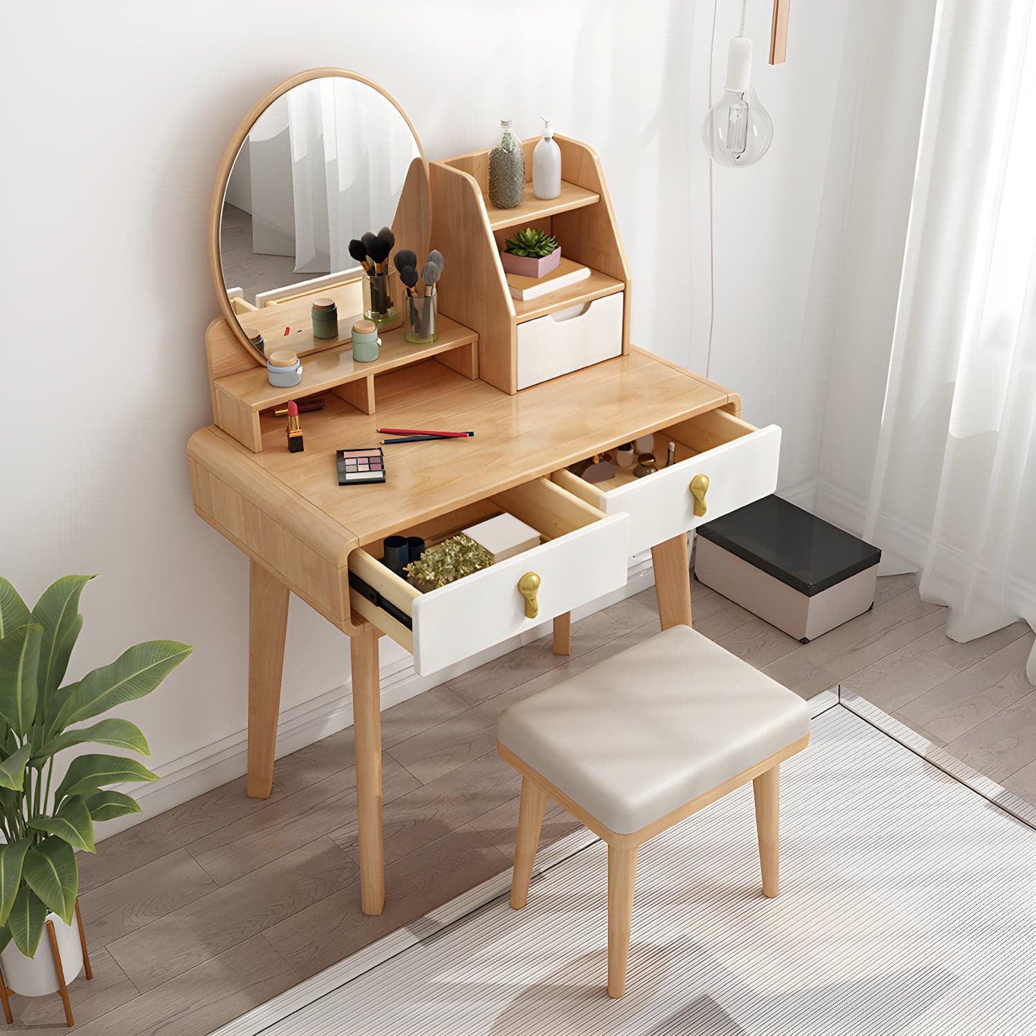 Scandinavian 3-Drawer Dressing Table Solid Wood Vanity Makeup Table Set thumbnail 14