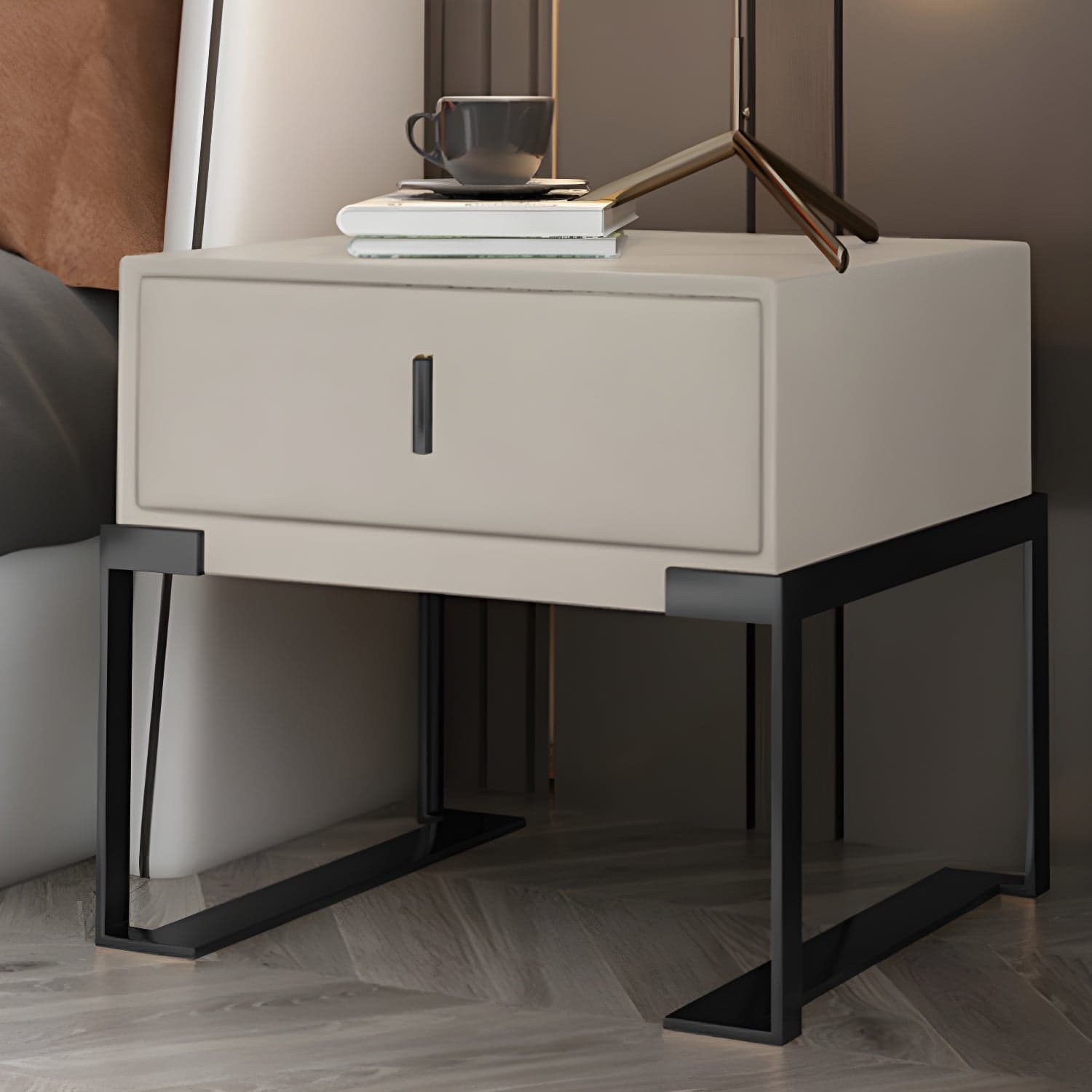 Leather 1 Drawer Nightstand Contemporary Night Table with Metal Legs thumbnail 8