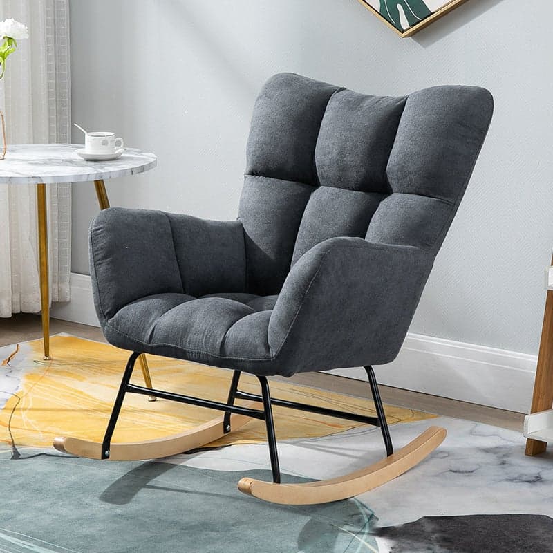 Cotton Cushioned Seat & Back Stationary Rocking Reading Chair with Flared Arm, Footstool, Wing Back & Light Wood Legs thumbnail 5