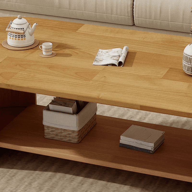 Oval Natural Wood Coffee Table with Twin Support Base, Repository, and 1 Shelf thumbnail 13