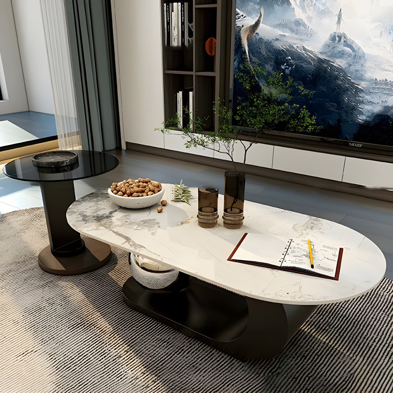 14"H Glam Coffee Table Slate Oval Pedestal Coffee Cocktail Table thumbnail 14