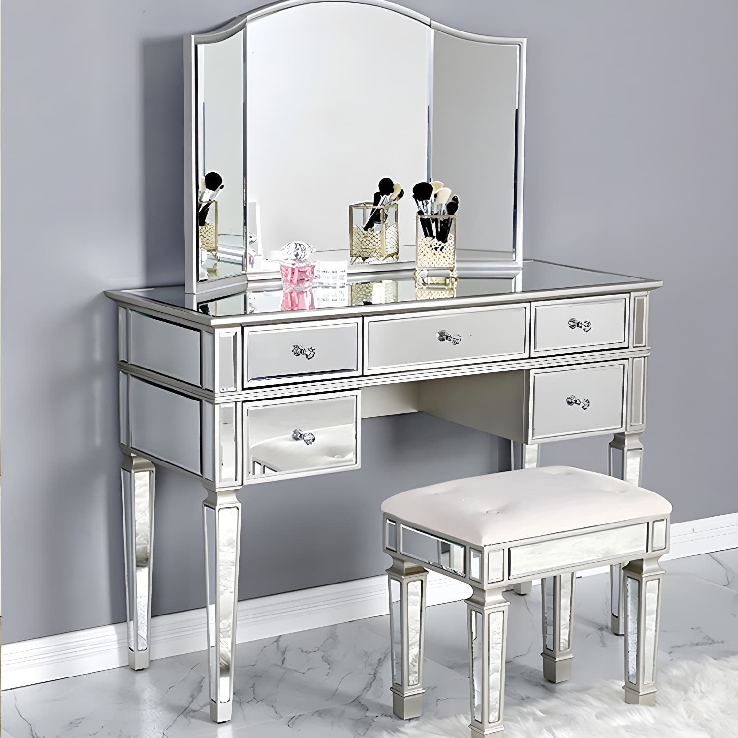 Solid Wood Vanity Dressing Table Set Contemporary Makeup Counter with Drawers thumbnail 9