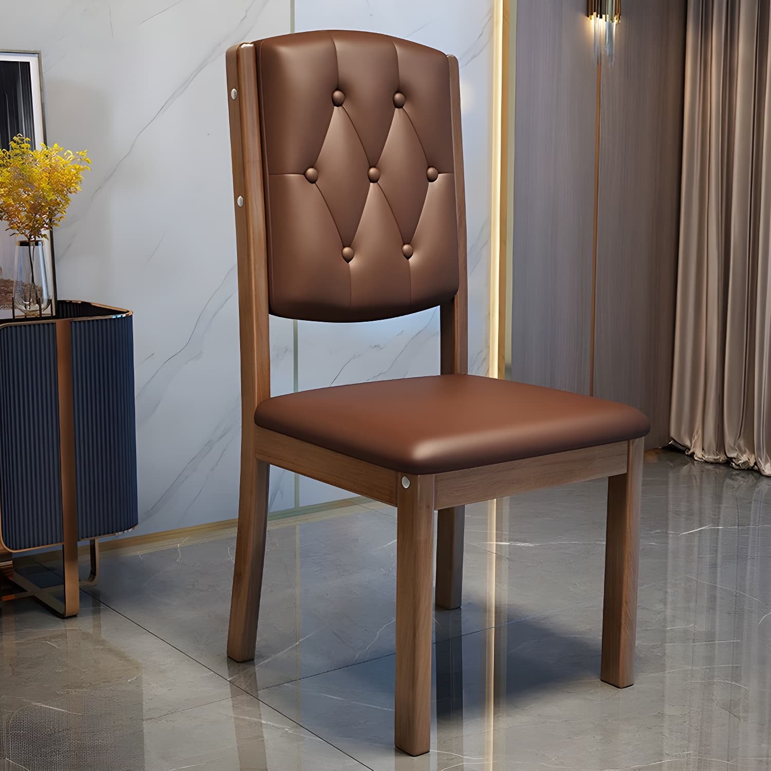 Matte Finish Leather Side Chair with Solid Wood Base for Home thumbnail 9