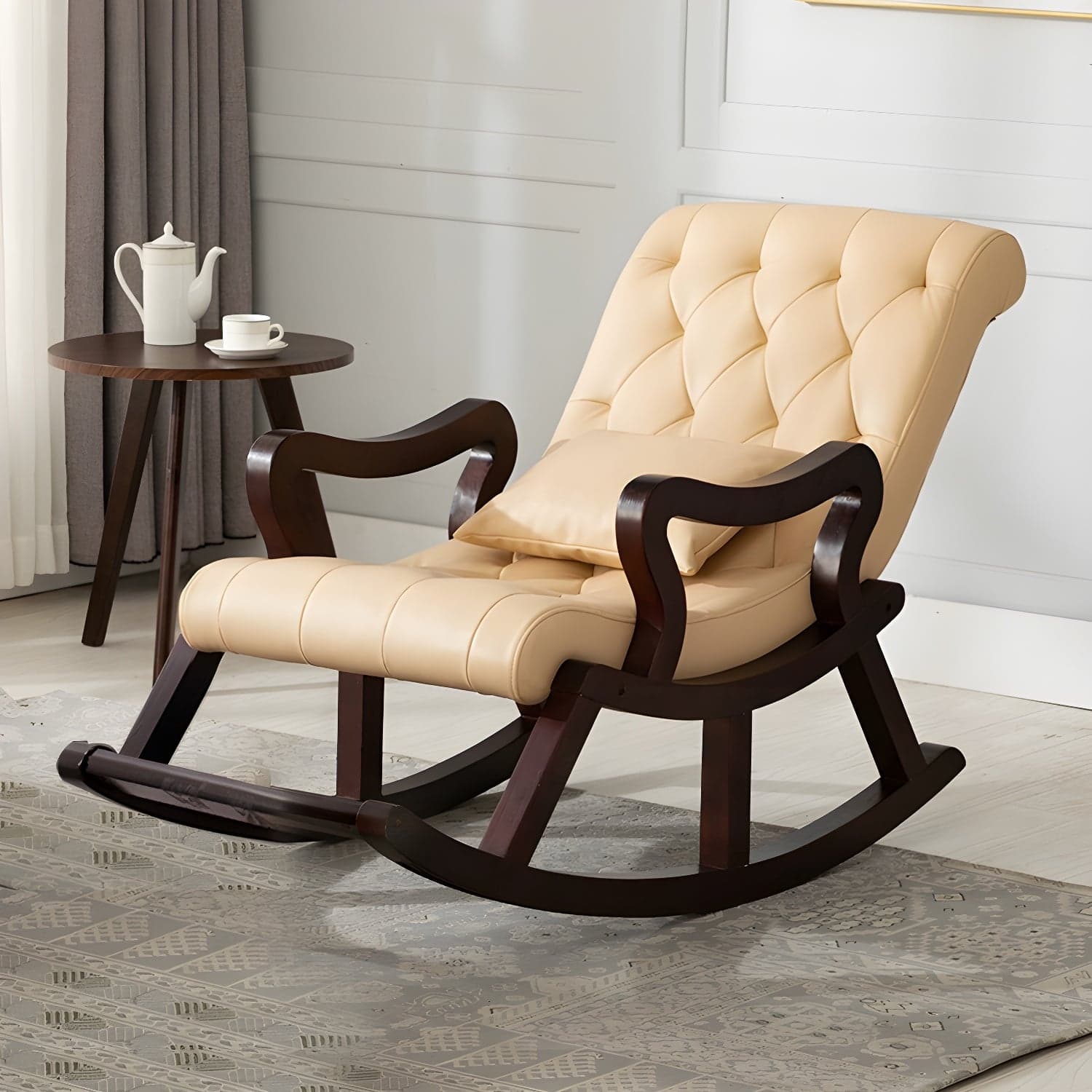 49" Wide Tufted Cushions Solid Wood Leather Rocking Accent Chair thumbnail 1