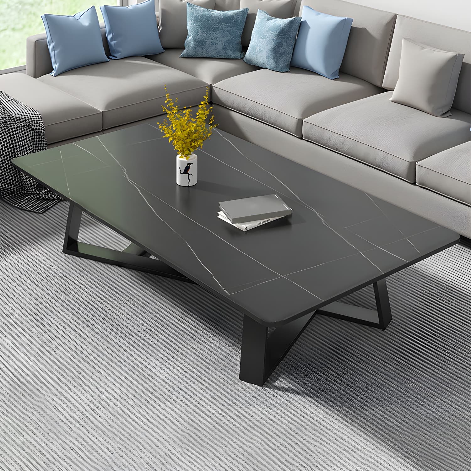Stone and Metal Coffee Table Contemporary Coffee or End Table with Cross Legs thumbnail 15