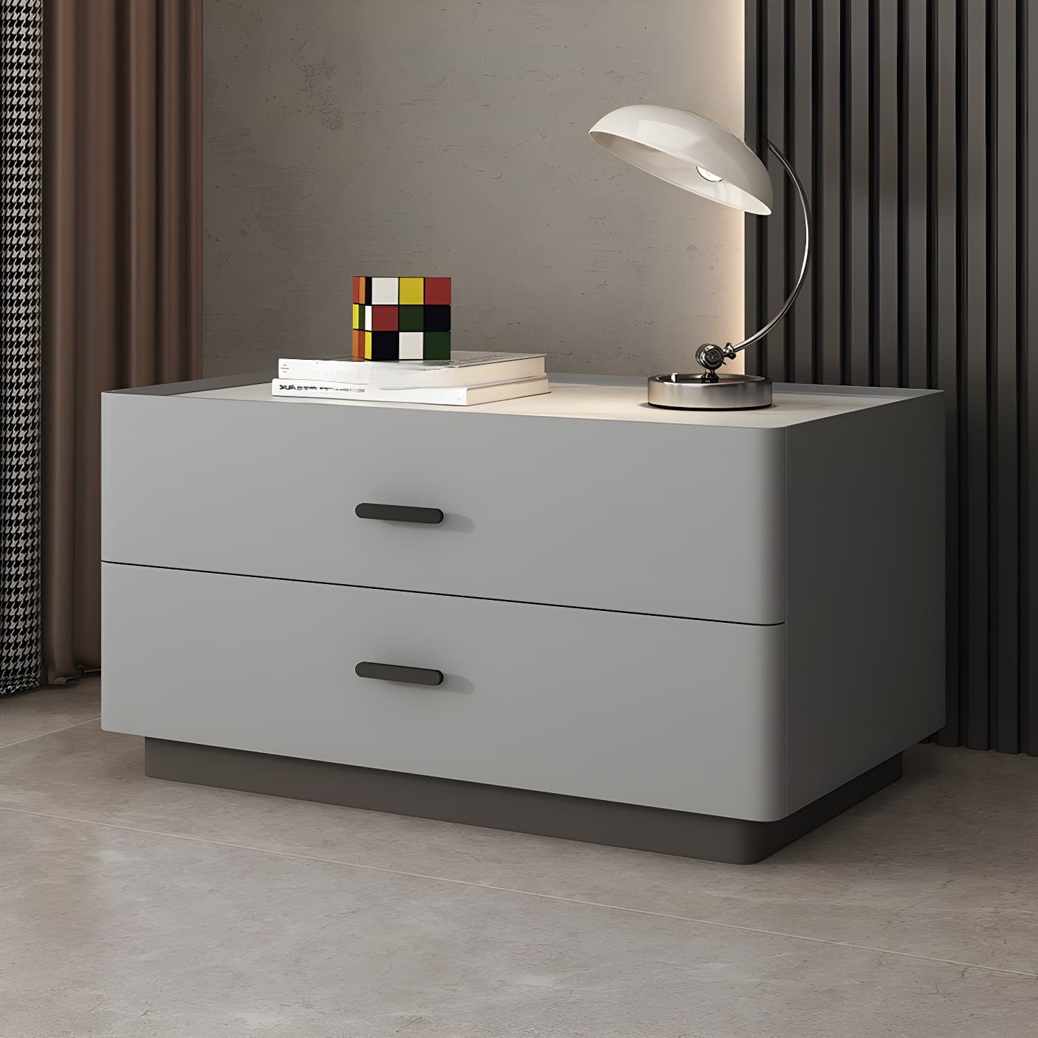 Elegant Two-Drawer Faux Leather Nightstand with Stone Countertop in Low Height for Modern Homes thumbnail 6