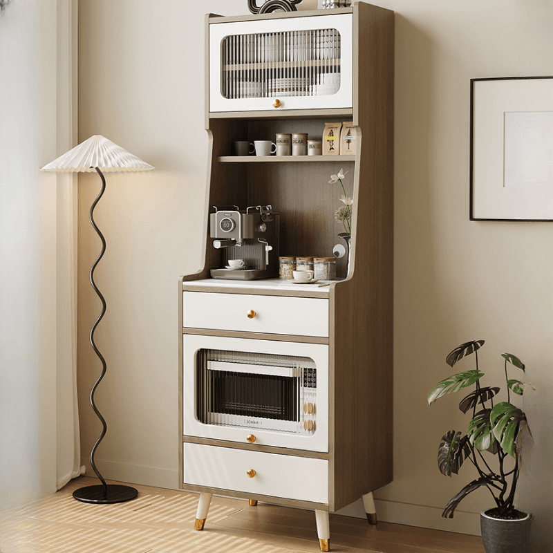 Simple Narrow Microwave Shelf Cabinet with 2 Drawers, Sintered Stone Countertop, Glazed Door, and Adjustable Shelving thumbnail 1