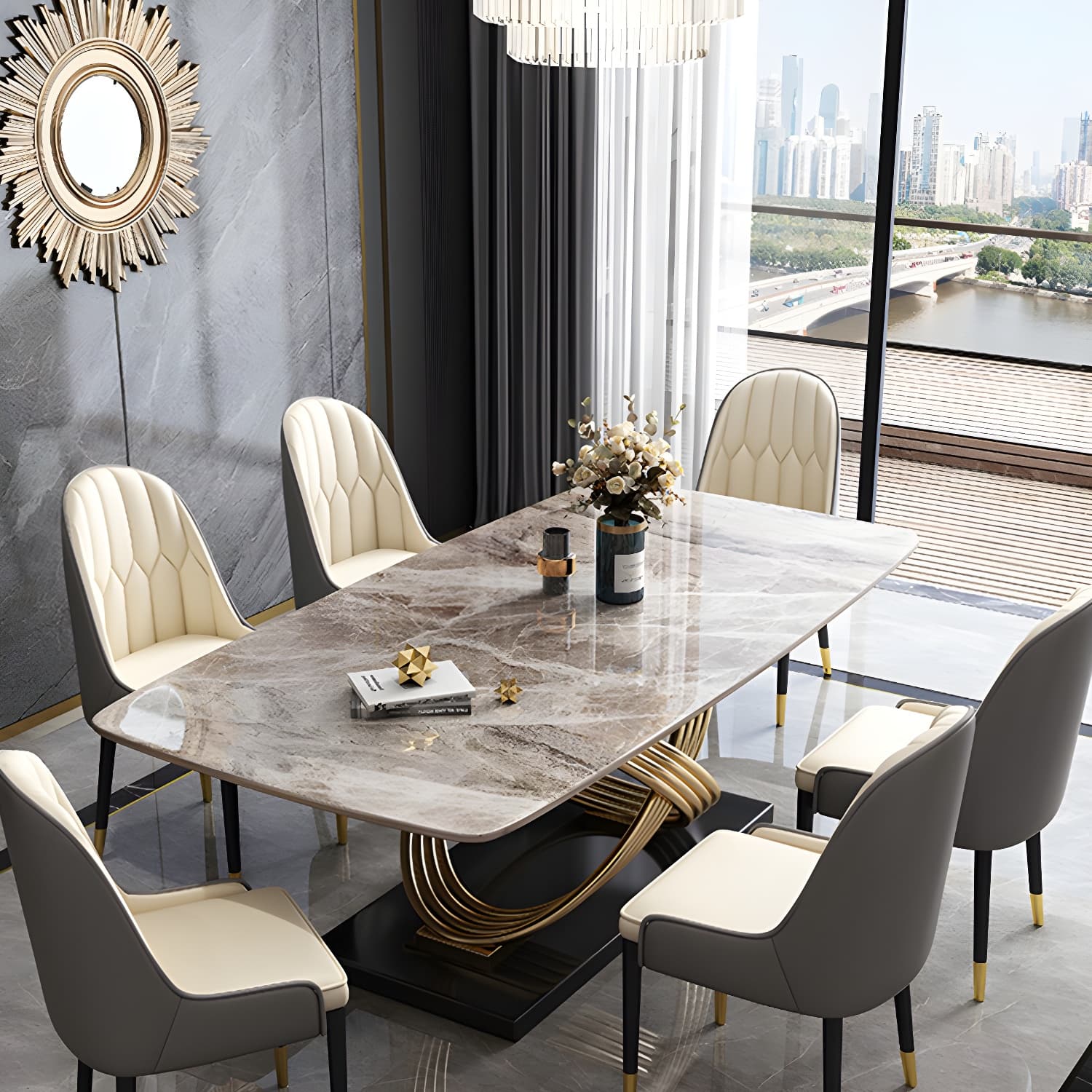 Nordic Glam Rectangle Sintered Stone Table Set 1/4/5/7 Pieces Dining Set thumbnail 12