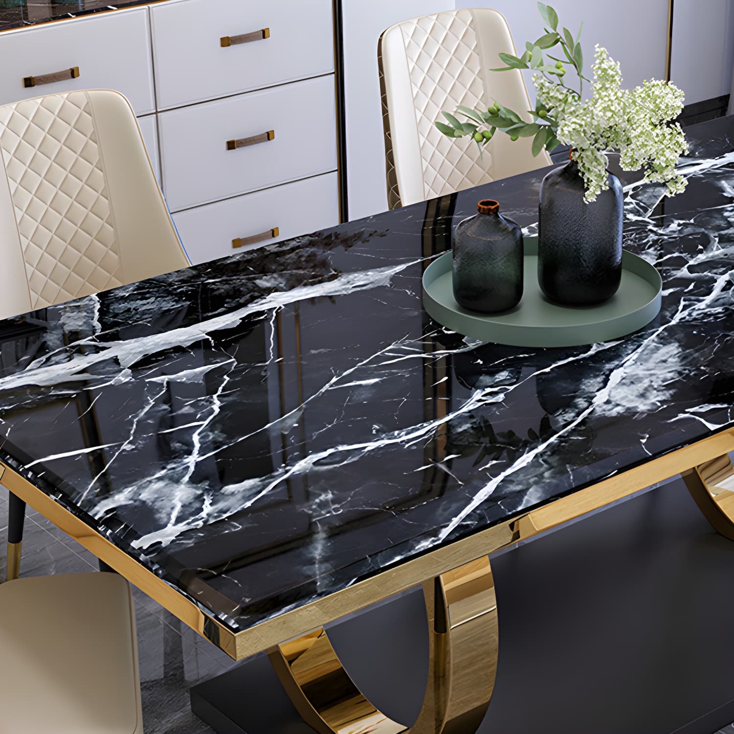 Modern 1/4/5/6/7 Pieces Black Dining Table Set with Marble Top Rectangle Dinette Set thumbnail 6