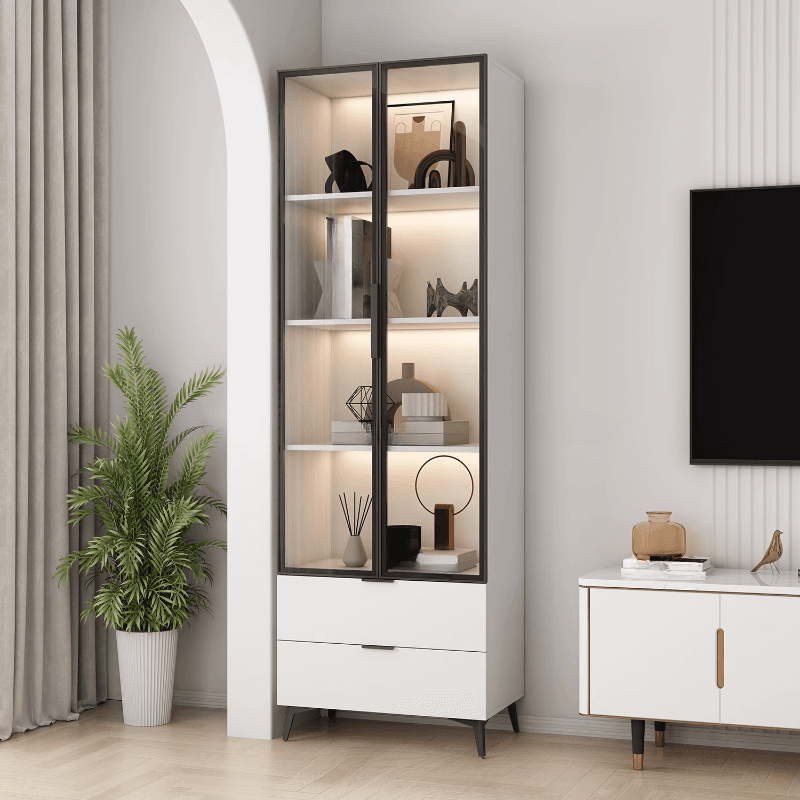 Brown Manufactured Wood Utility Storage Cabinet with Storage Cabinet, Glass Door, Cabinet Bars, Soft Close Drawer and Light thumbnail 3