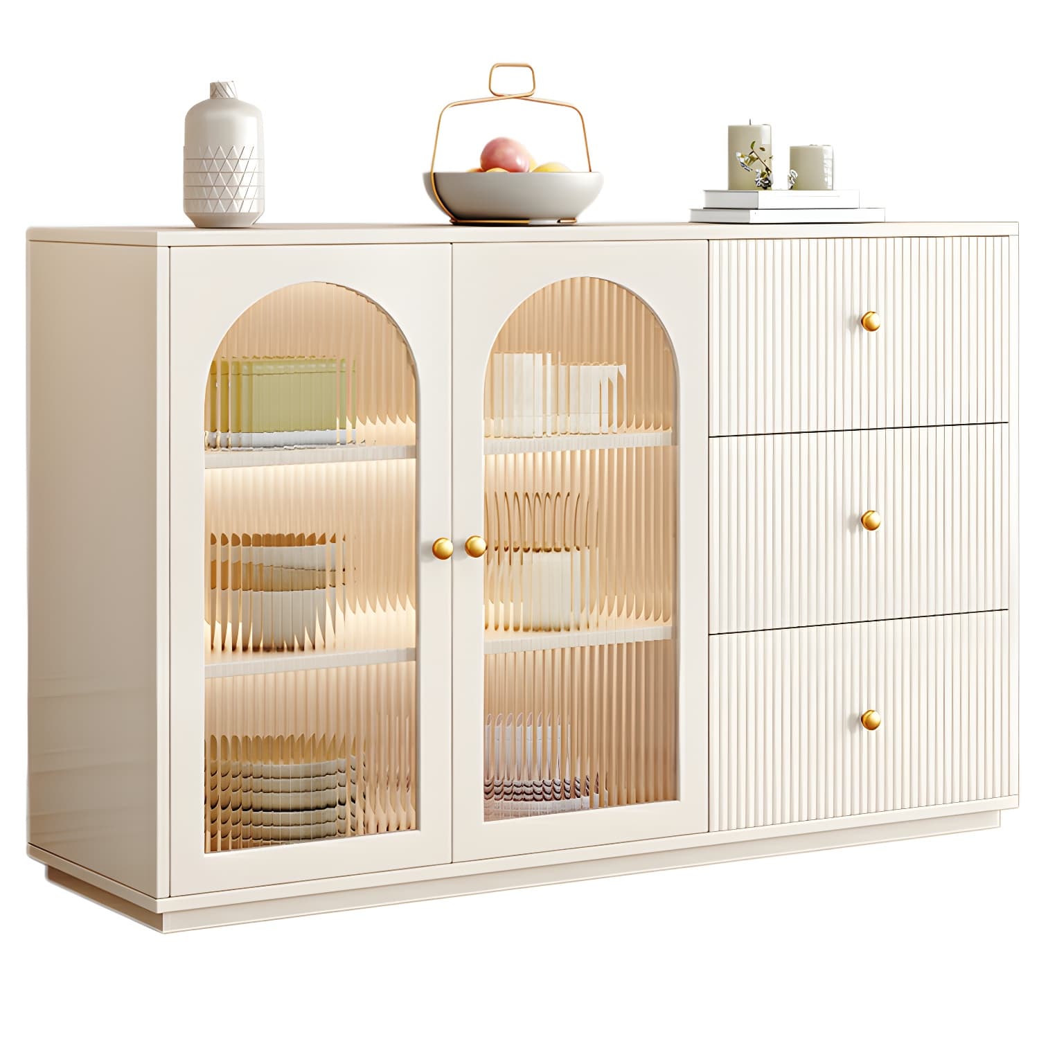 Glam White Wood Sideboard Credenza with Glass Doors and Adjustable Shelves thumbnail 8