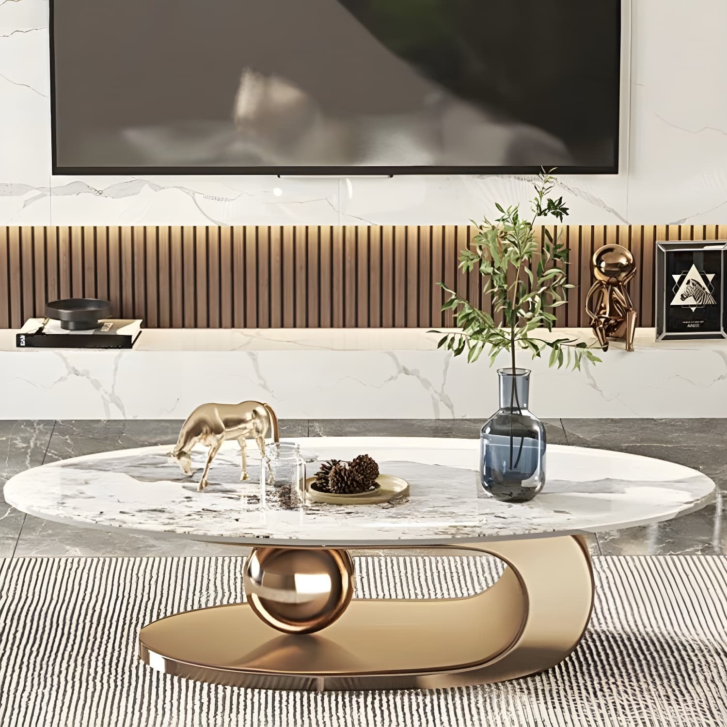 Glam Stone Coffee Table - Beige Oval Shape with Abstract Stainless Steel Base and Scratch Resistant thumbnail 7