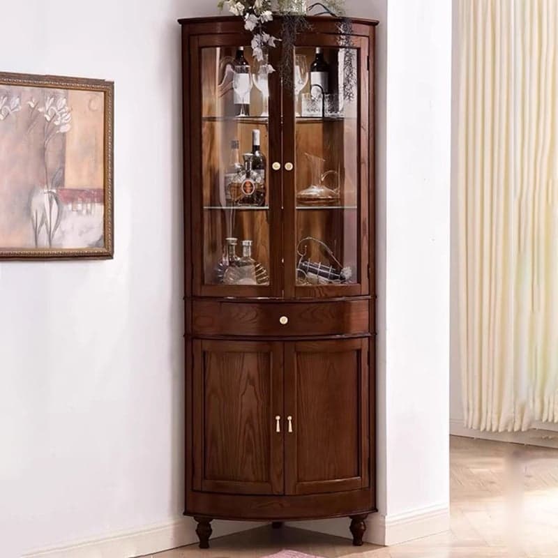 Corner Accent Cabinet with Storage Drawer, Closet, Glazed Door, Cabinet Knobs, Brown Top, and LED Lighting thumbnail 1