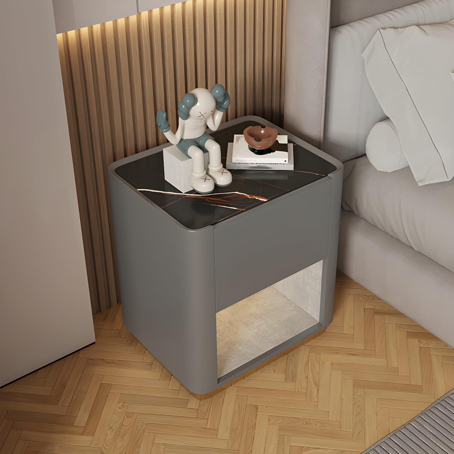 Modern Solid Wood and Slate Night Table Drawer Storage Bed Nightstand thumbnail 3