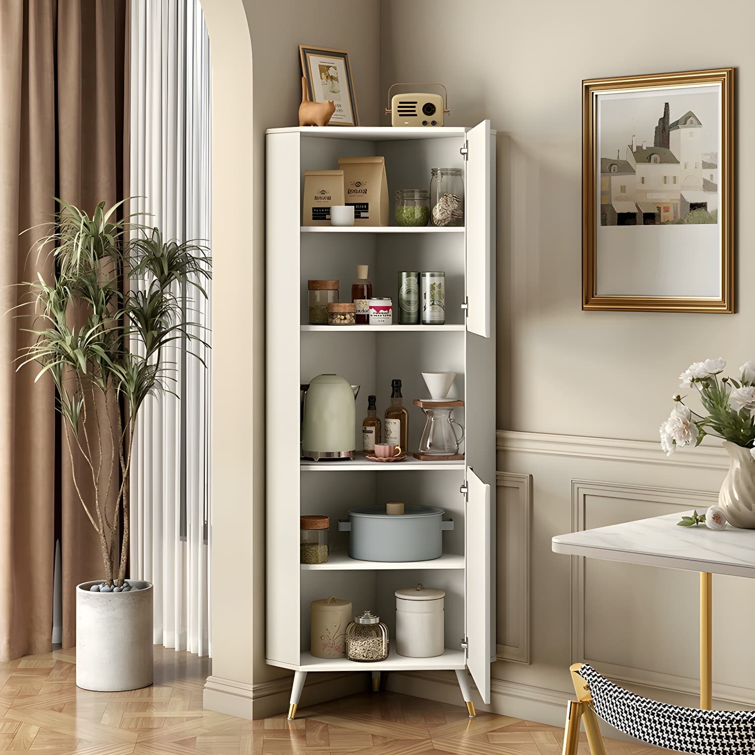 Modern White Corner Accent Cabinet with Stone Counter Top, 2 Cabinets, and 6 Shelves