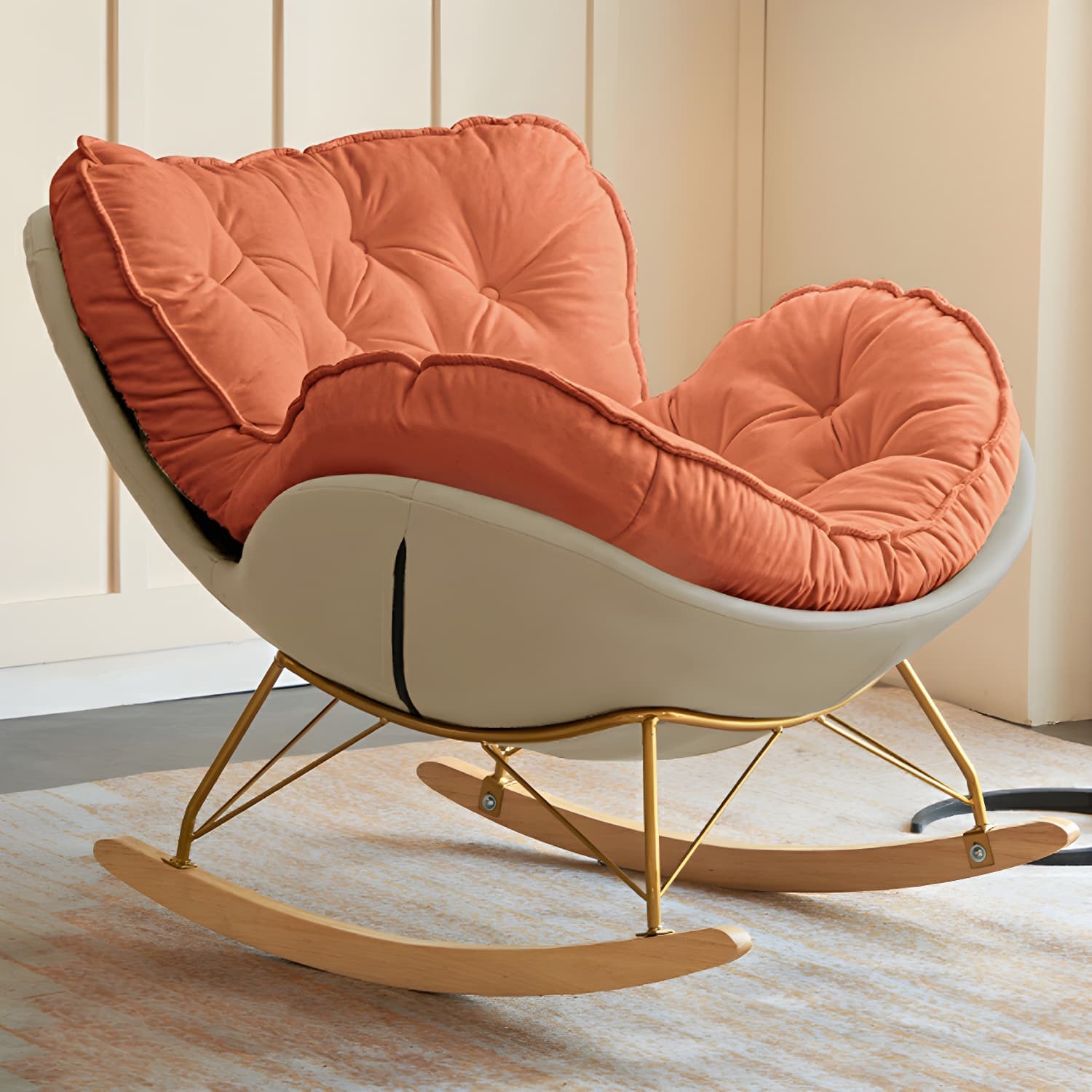 Stylish and Comfortable Modern Rocking Chair with Natural Wood Legs and Upholstered Track Arms thumbnail 9