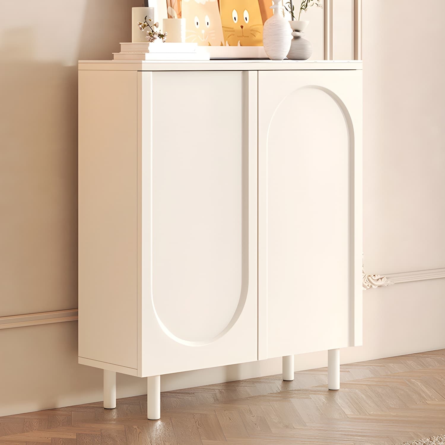 Scandinavian Wood Buffet Sideboard Cabinet with Stone Countertop Shelves Included thumbnail 10