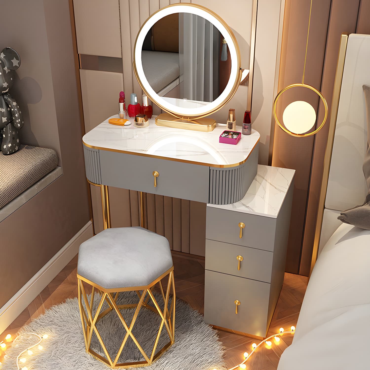 Removable Makeup Counter Bedroom Vanity Dressing Table with Lighted Mirror thumbnail 3