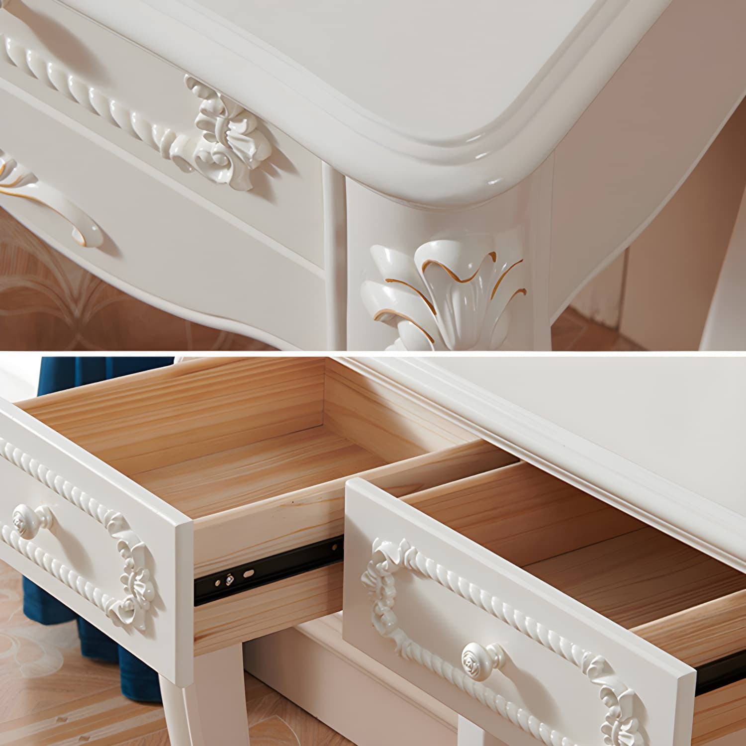 Victorian Make up Table Stool Set with Mirror and Drawers for Bedroom thumbnail 11
