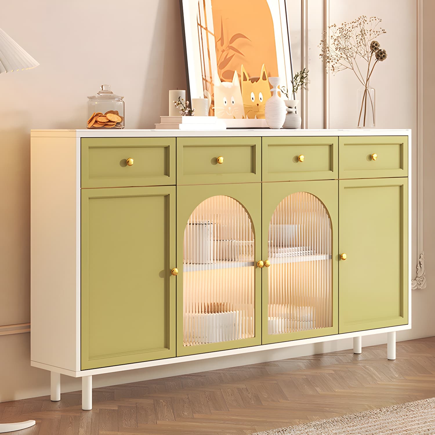 Wooden Buffet Server with Stone Countertop, Glass Doors, and Drawers thumbnail 5