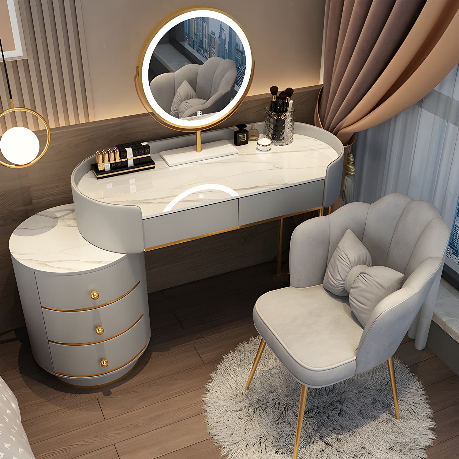 Wooden Makeup Vanity Desk Lighted Mirror Vanity Dressing Table Set with Drawer thumbnail 7