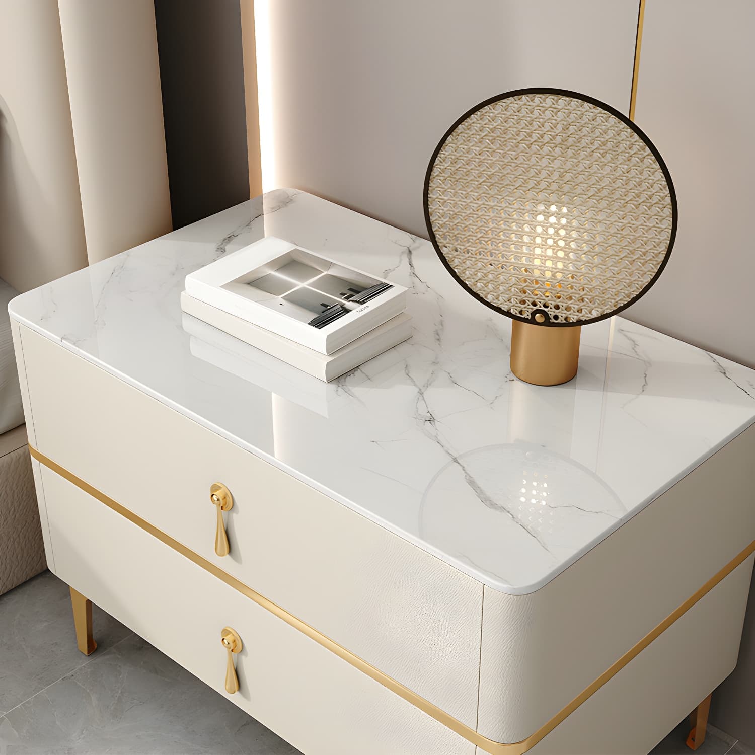 Glam Style Sintered Stone Top 2- Drawer Nightstand with Legs for Bedroom thumbnail 15
