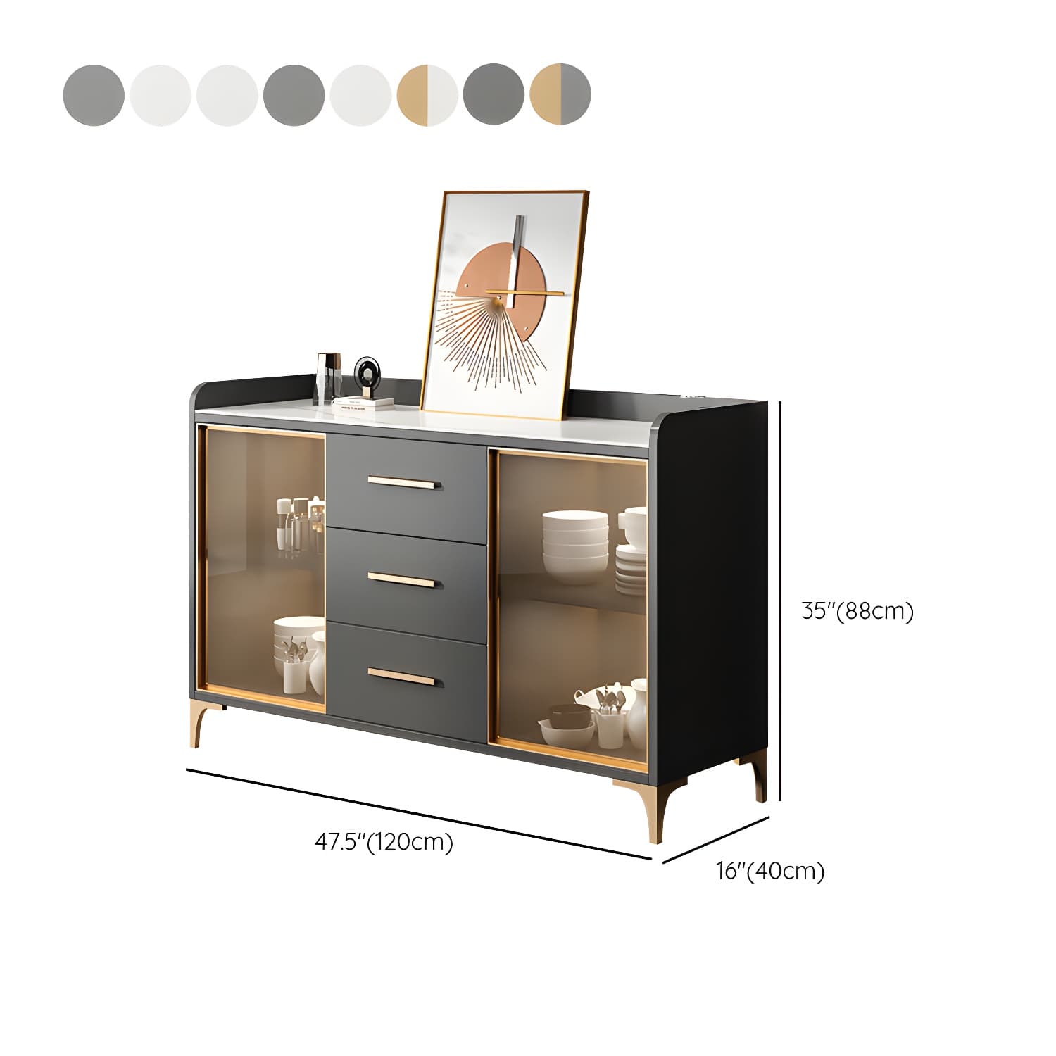 Glam Style Sideboard Wood Glass Doors Side Board with Cabinets and Drawers without Light thumbnail 19