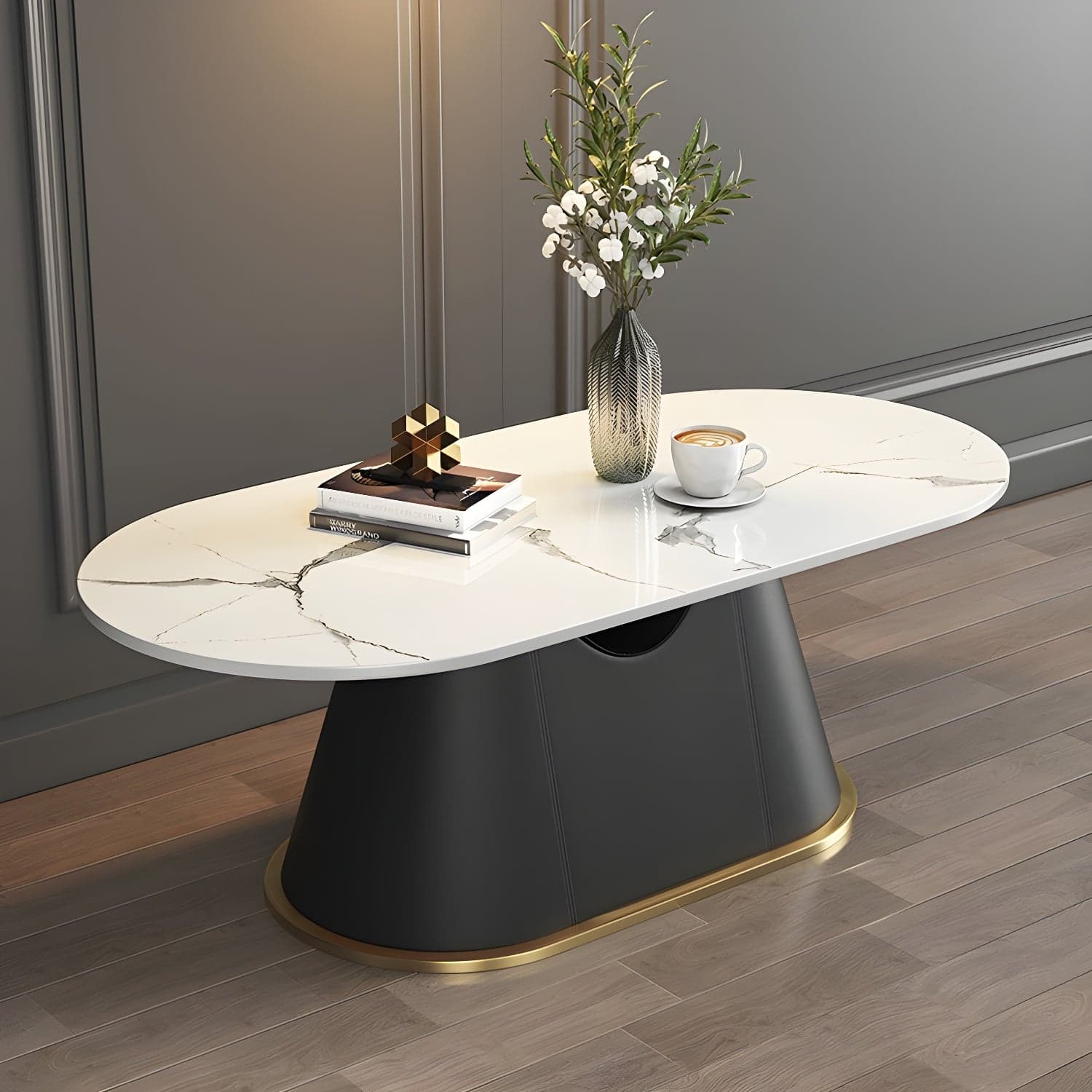 Glam Oval Stone Coffee Table with Pedestal Chrome Base - Scratch Resistant thumbnail 1