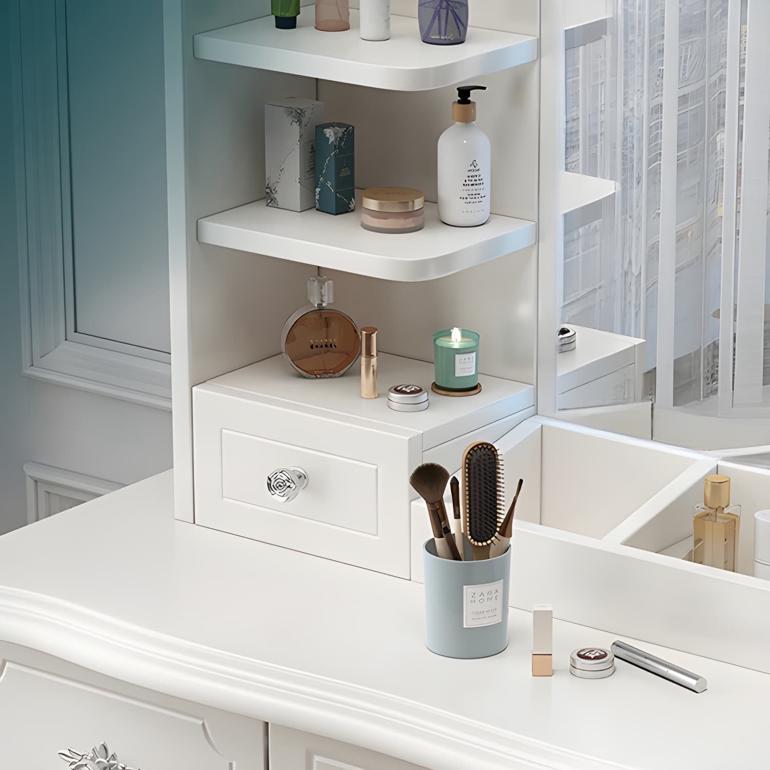 Modern White Wood Makeup Vanity with Seating & Standing Mirror thumbnail 7