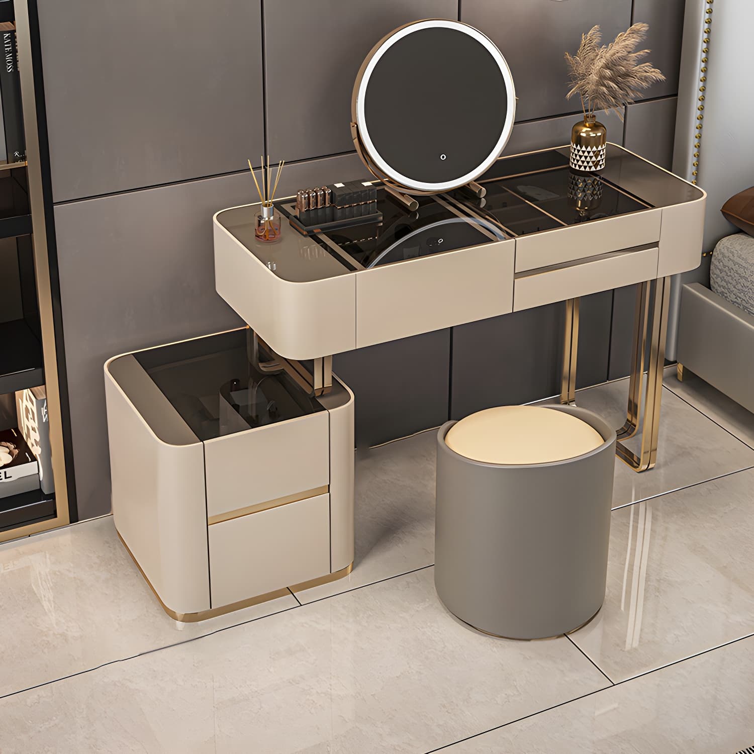 Luxurious Wood and Metal Make-up Vanity 5 Drawers & Lighted Mirror Dressing Table thumbnail 3