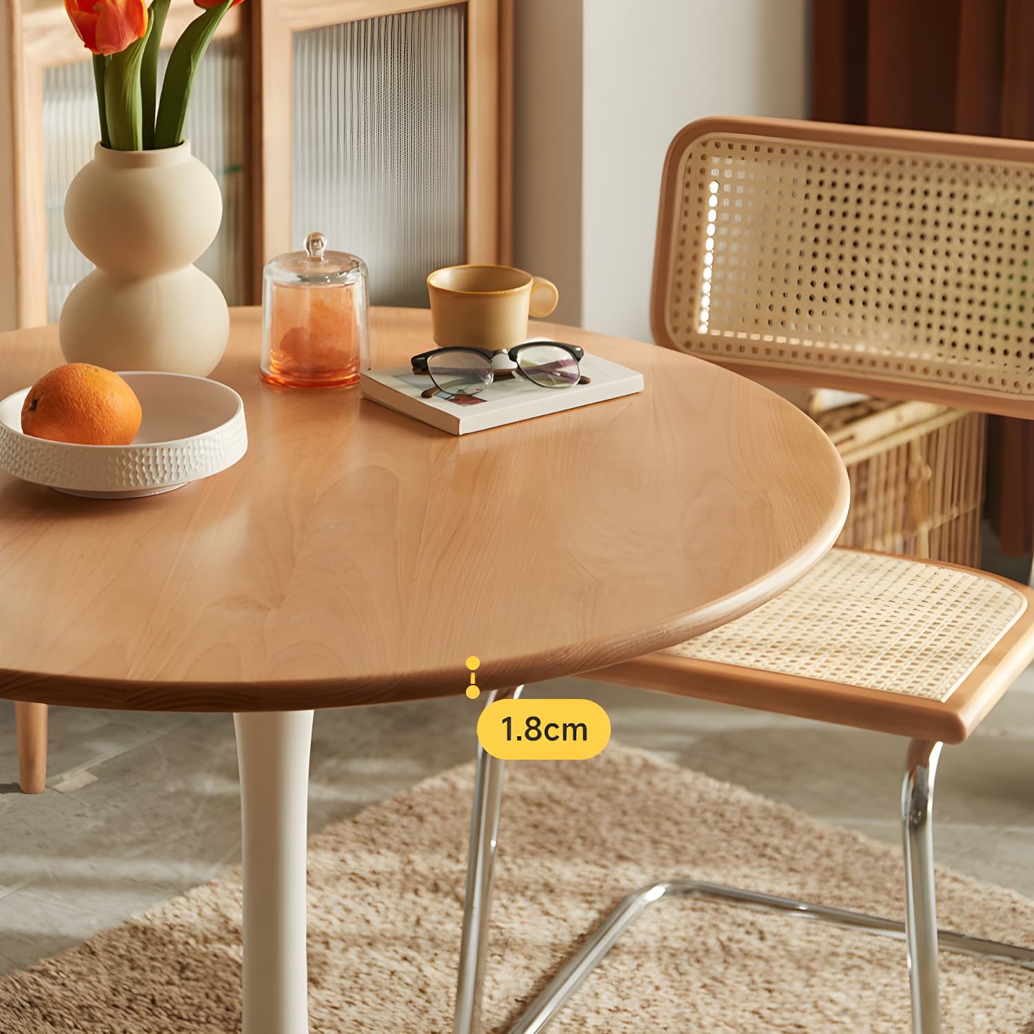 Chic Round Wood Dining Table with Medium Wood Tone and Sleek Steel Tulip Base thumbnail 9