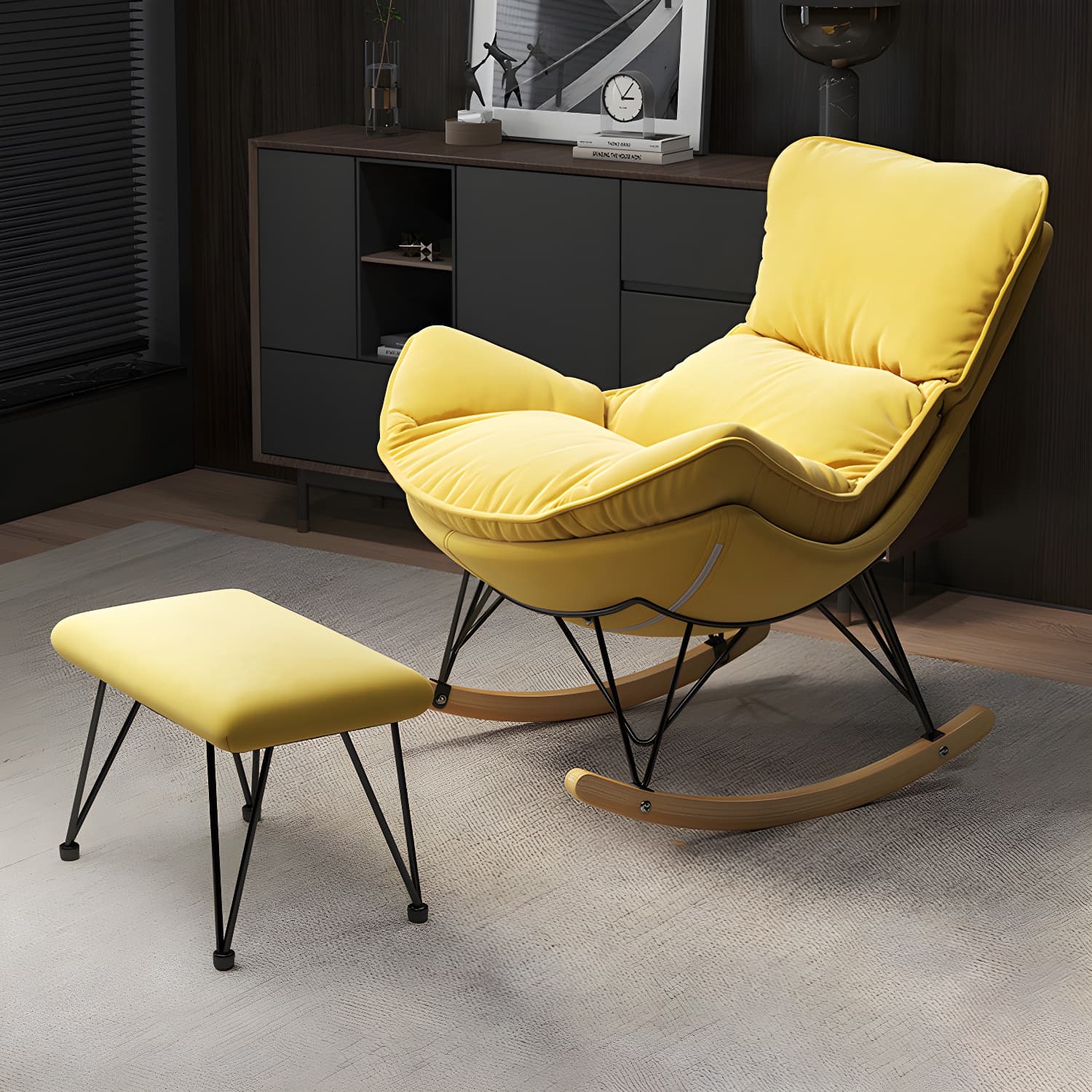 Wing Back Rocking Chair Solid Wood Rocker Chair with Ottoman thumbnail 18