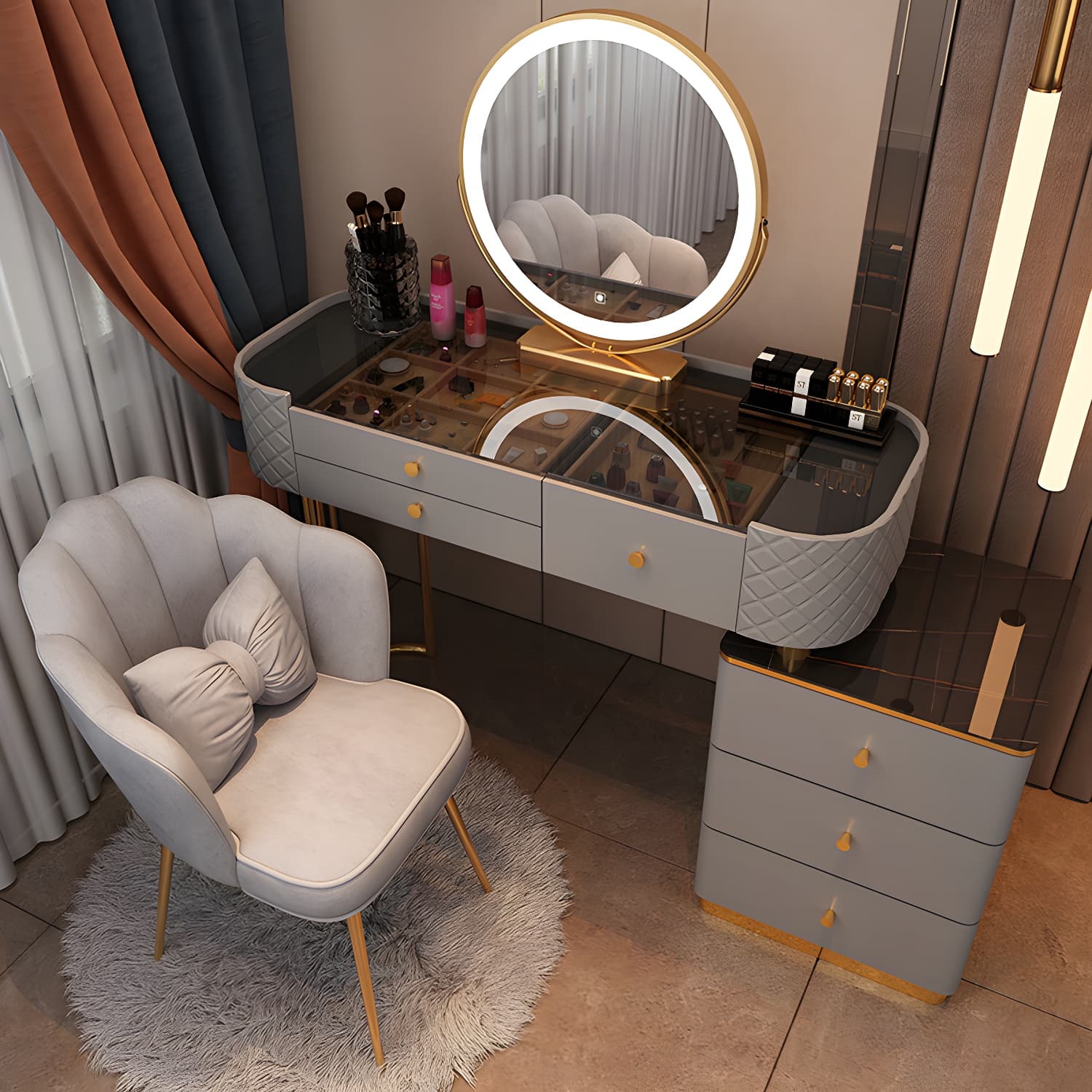 Lighted Mirror & Jewelry Makeup Vanity Metal Dressing Table Stool Set thumbnail 8